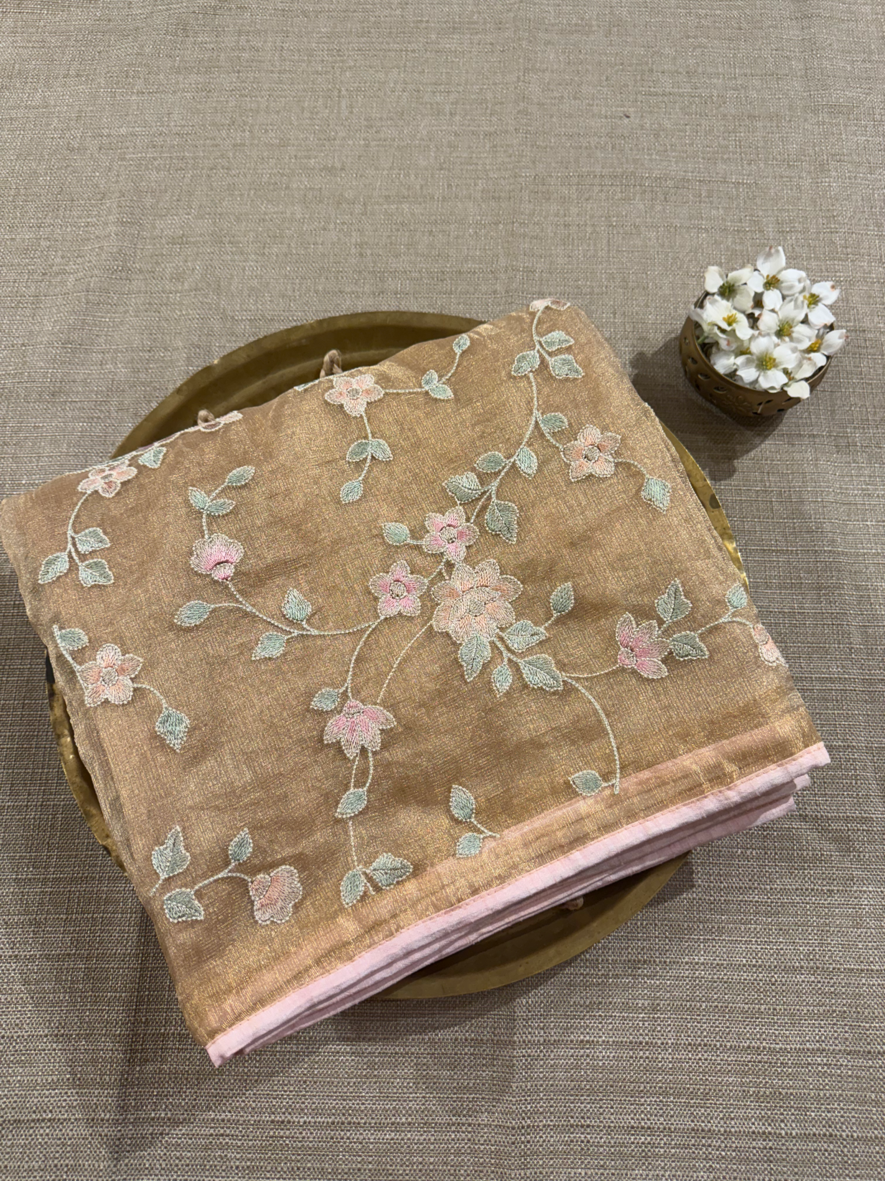GTEA2001 : Pure Handloom Gold Tissue Saree With Allover Embroidery
