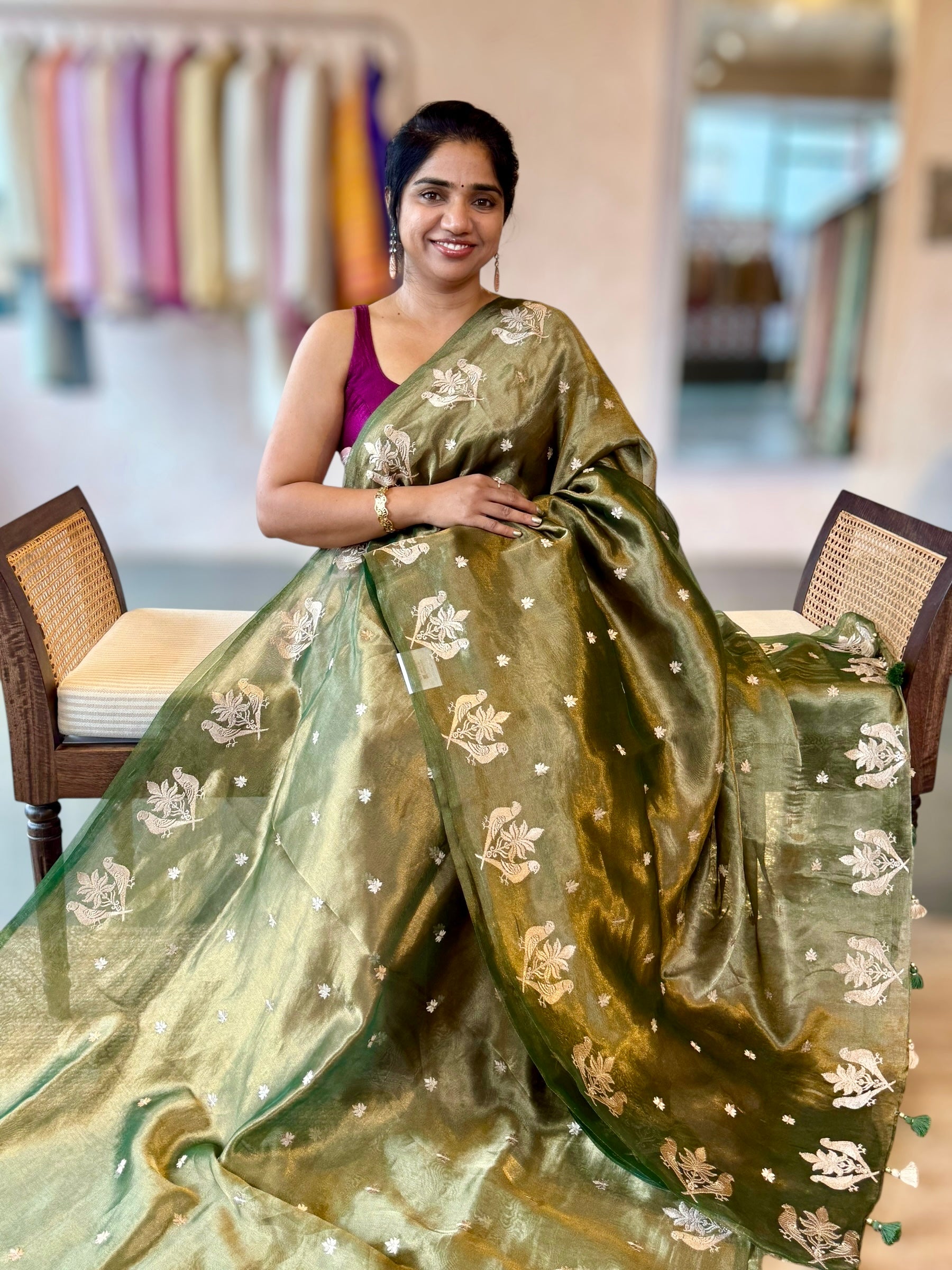 Green Handloom Tissue Saree wth bird Embroidered Border & Stripes Tissue BP
