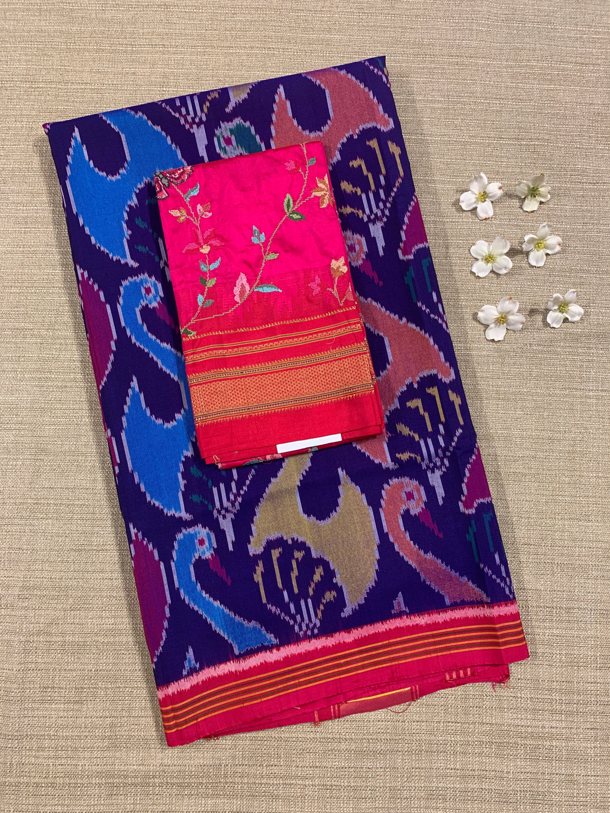 Purplish Blue and Reddish Pink Patan Patola Saree with Statement Swan Pattern