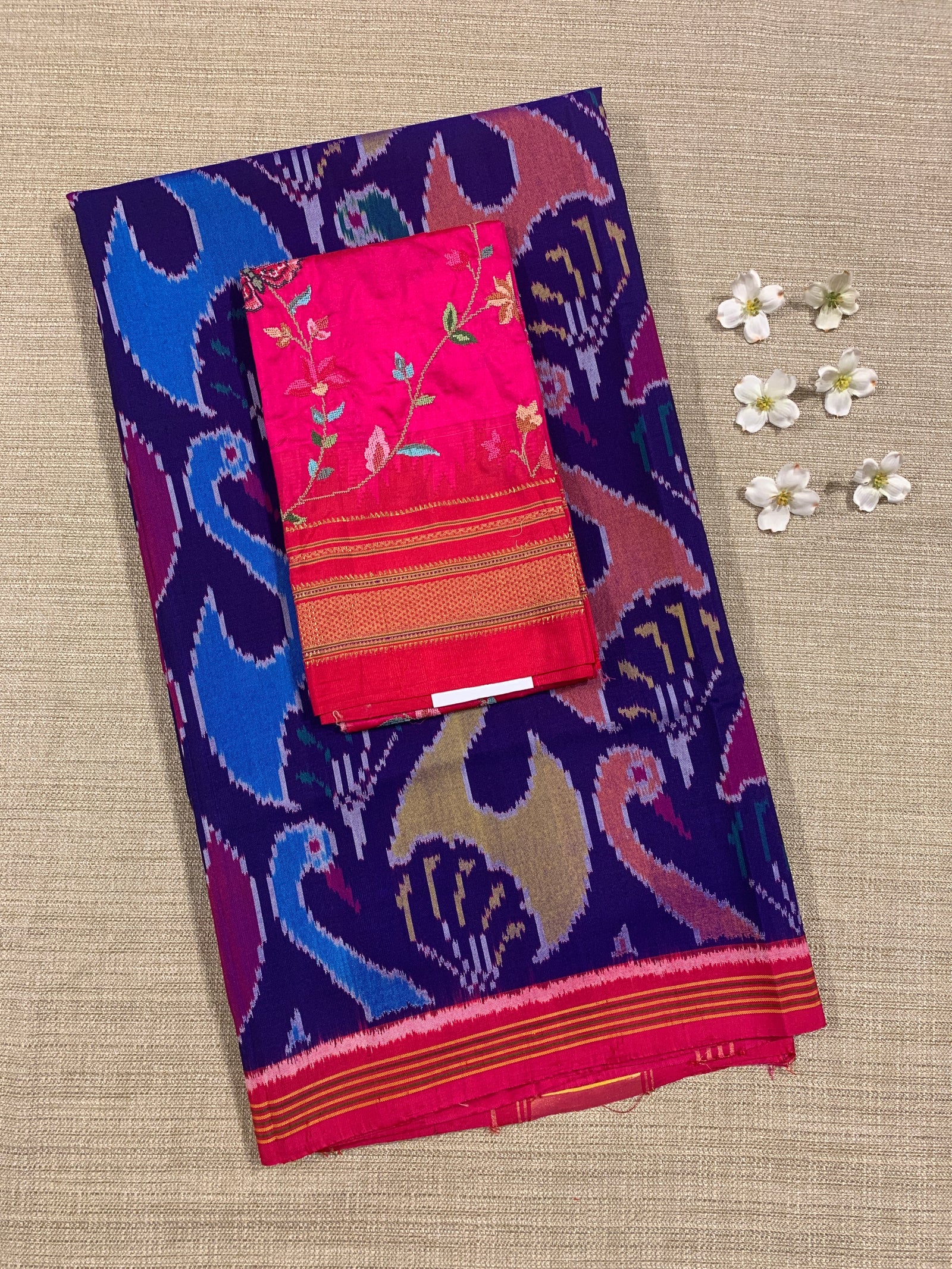 Purplish Blue and Reddish Pink Patan Patola Saree with Statement Swan Pattern