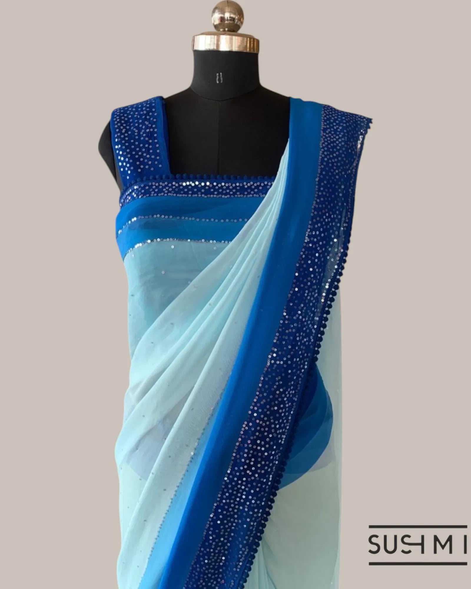 Pastel Blue Pure Gorgette Saree With Shaded Sequnce Border