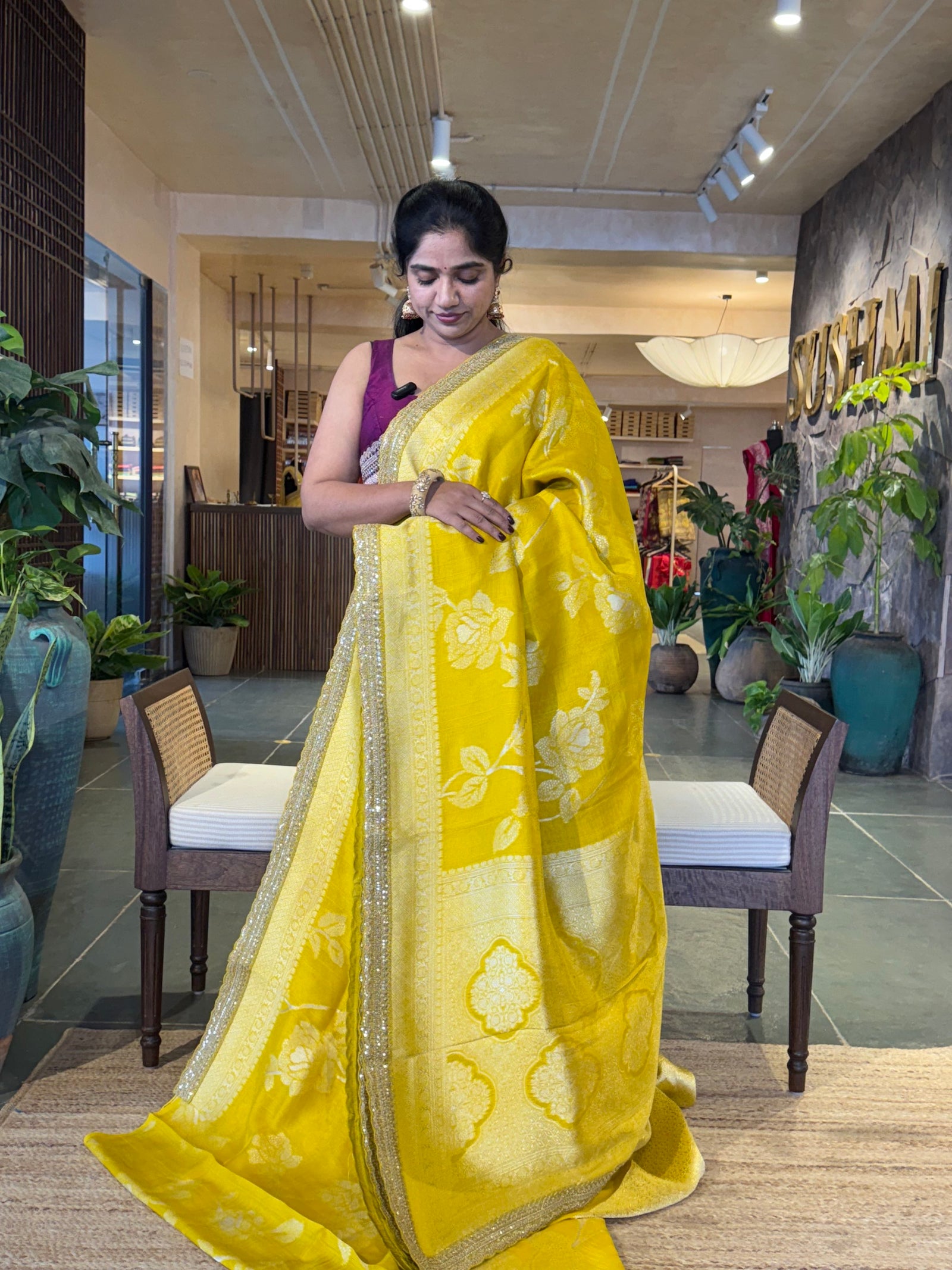 Yellow Tussar Khaddi Saree with Allover weaving and sabhyasachi borders STKM15