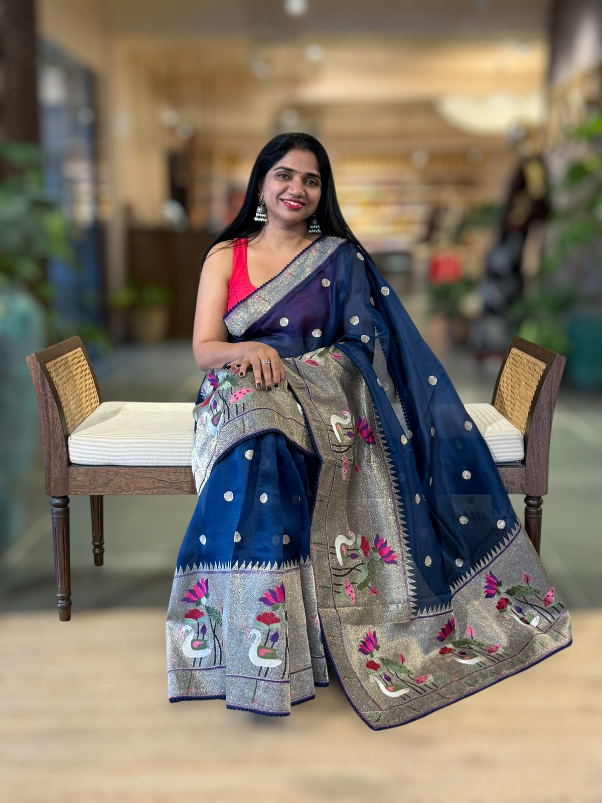 Peacock Blue Pure Organza Saree With Pythani Embroidered Border