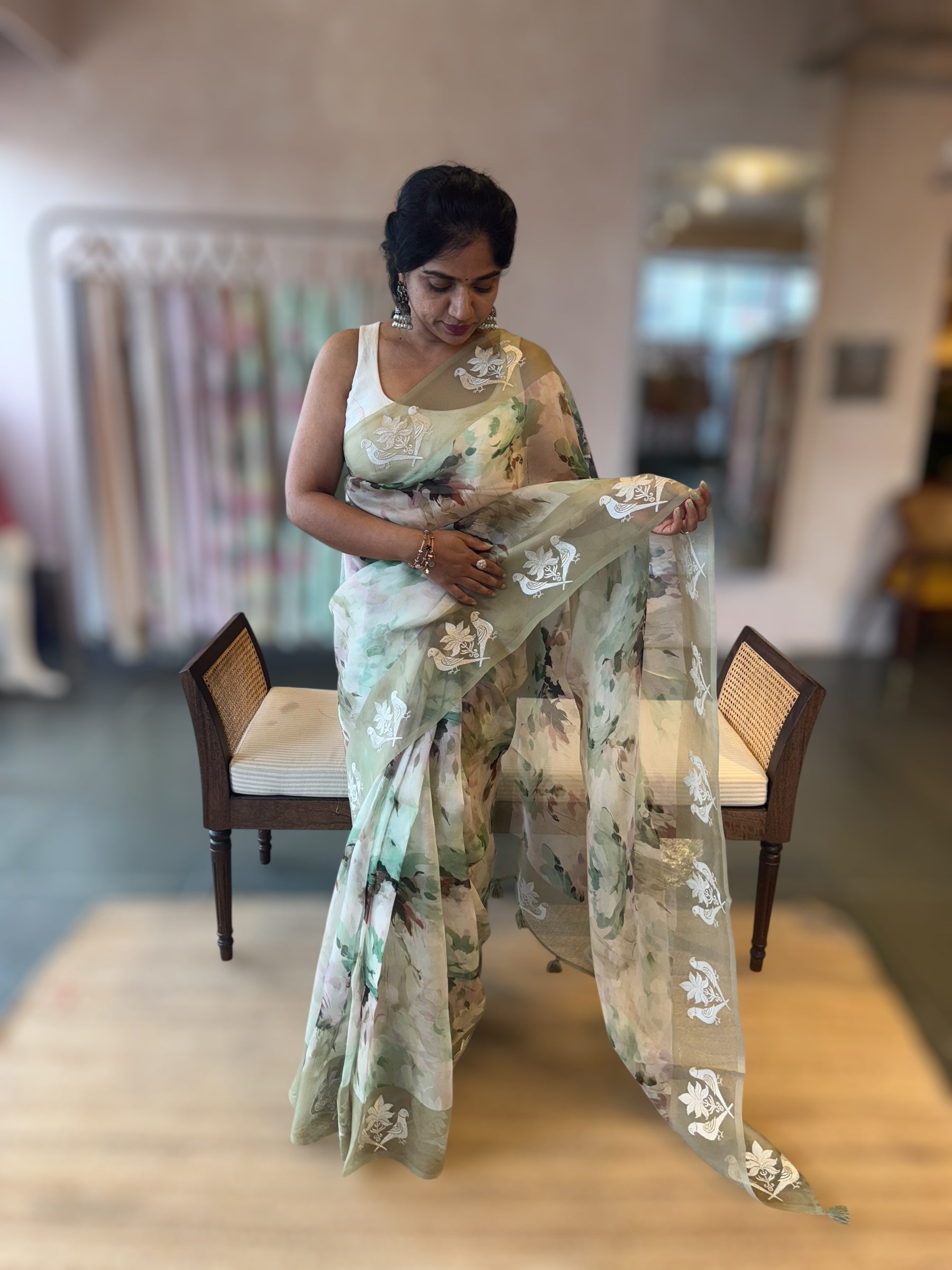 Olive Floral Printed Pure Organza Saree With Birds  Embroidered Motif  Border
