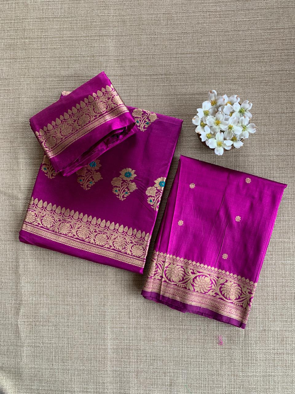Pure Handloom Katan Silk  3 pc Suit Set with Meenakari kaduwa weaving