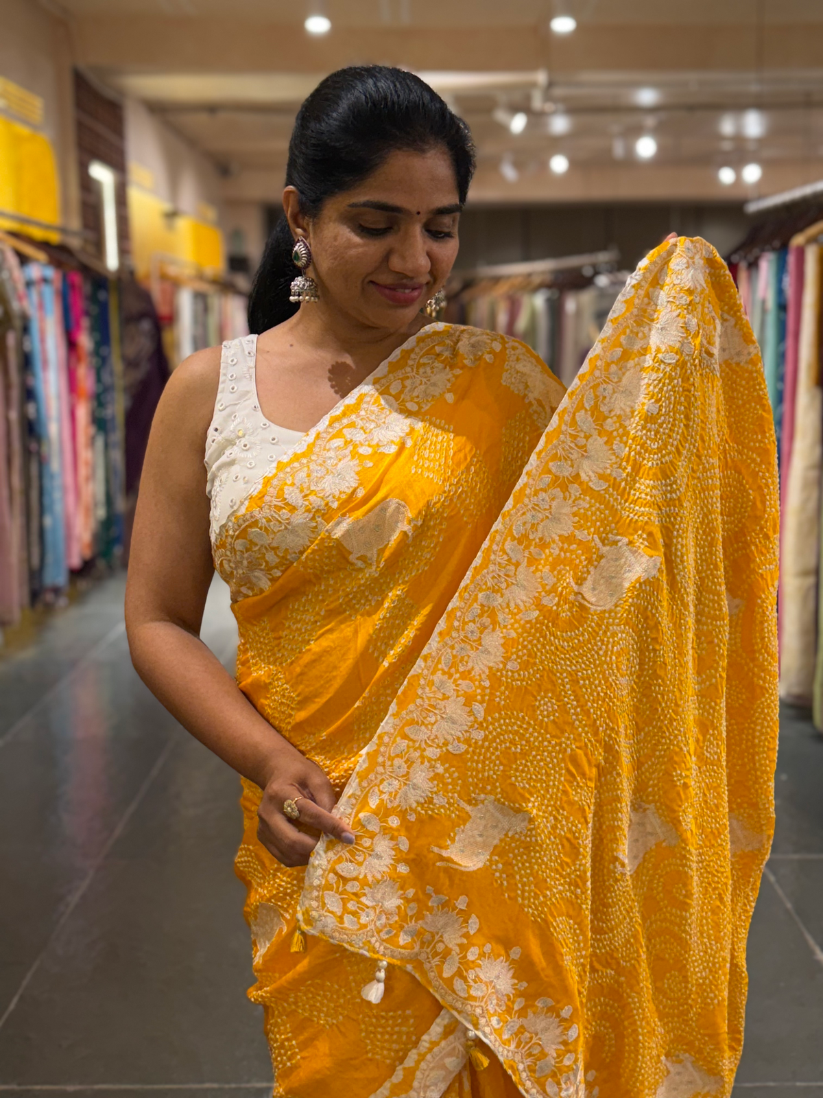 Marigold Pure Gajji Silk Rai Bandhej Saree with Pichwai Embroidery