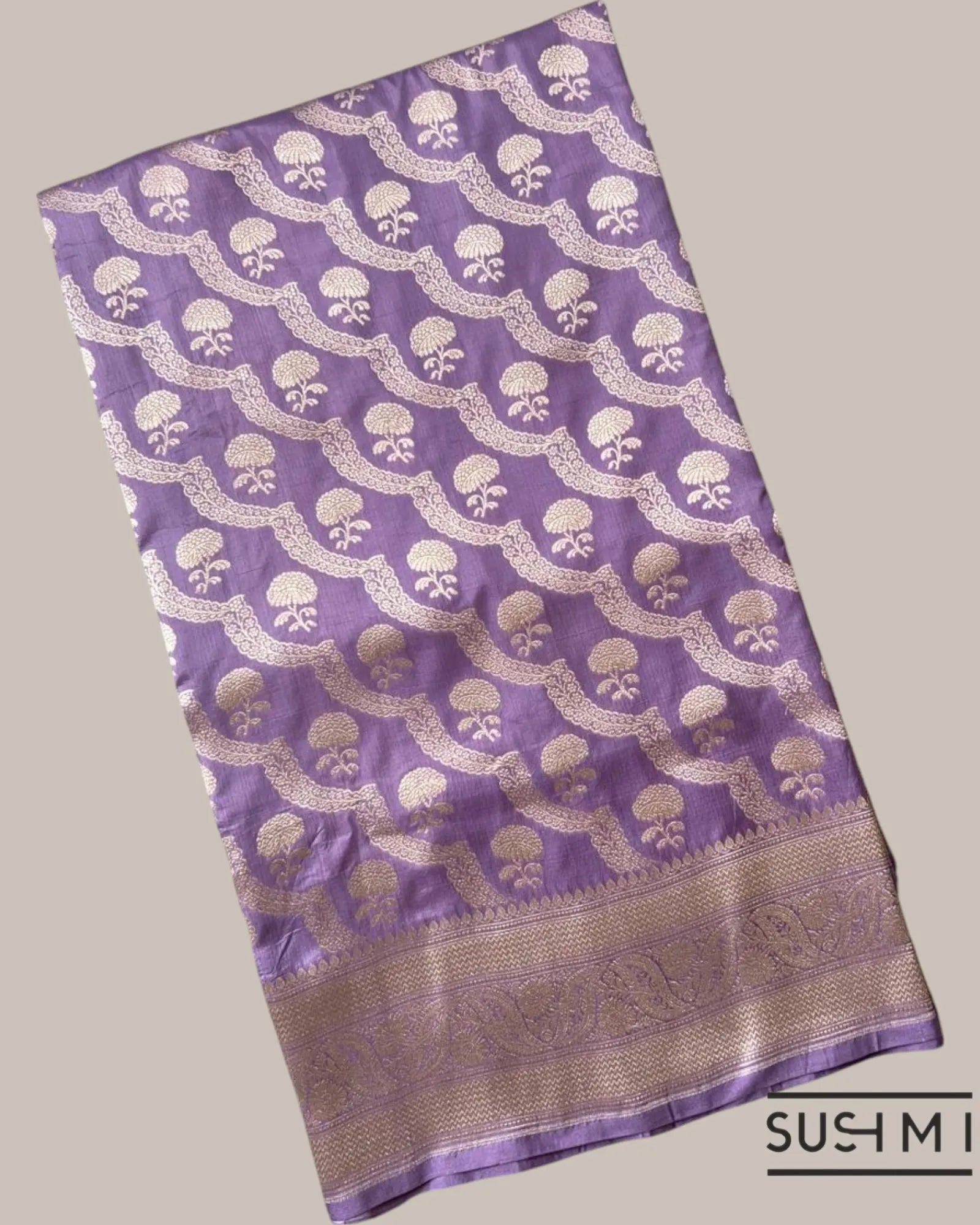 Lilac Banarasi Katan Silk Saree with diagonal pattern scallop floral creeper wit