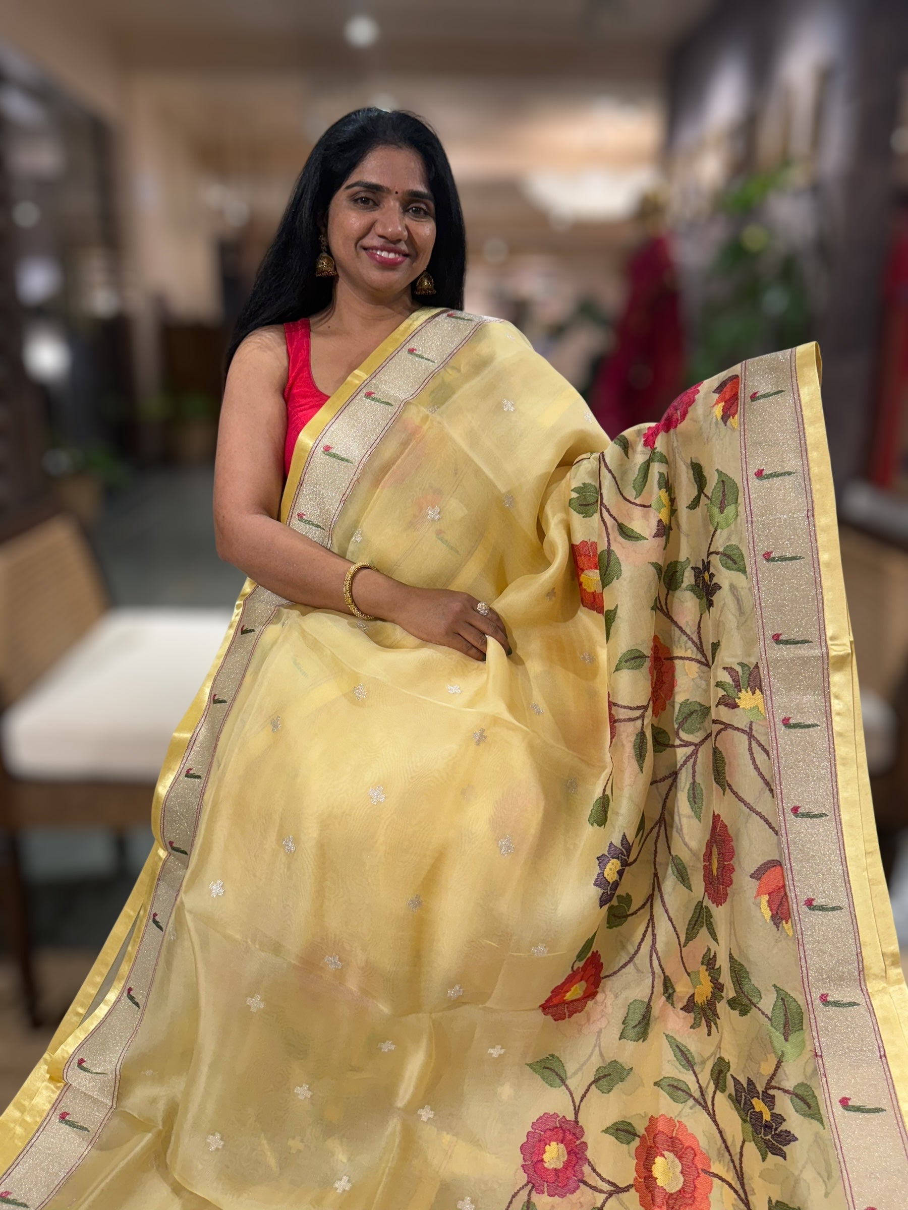 Pastel Yellow Organza Silk Saree With Jamdani Inspired Embroidery