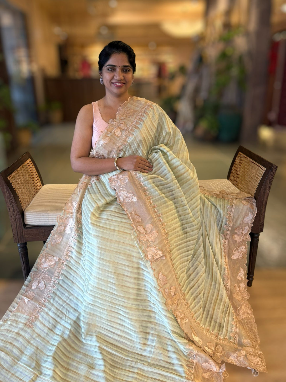 Mint Mul Tissue Stripes Saree With Tissue Cutwork  Border &amp; Blouse