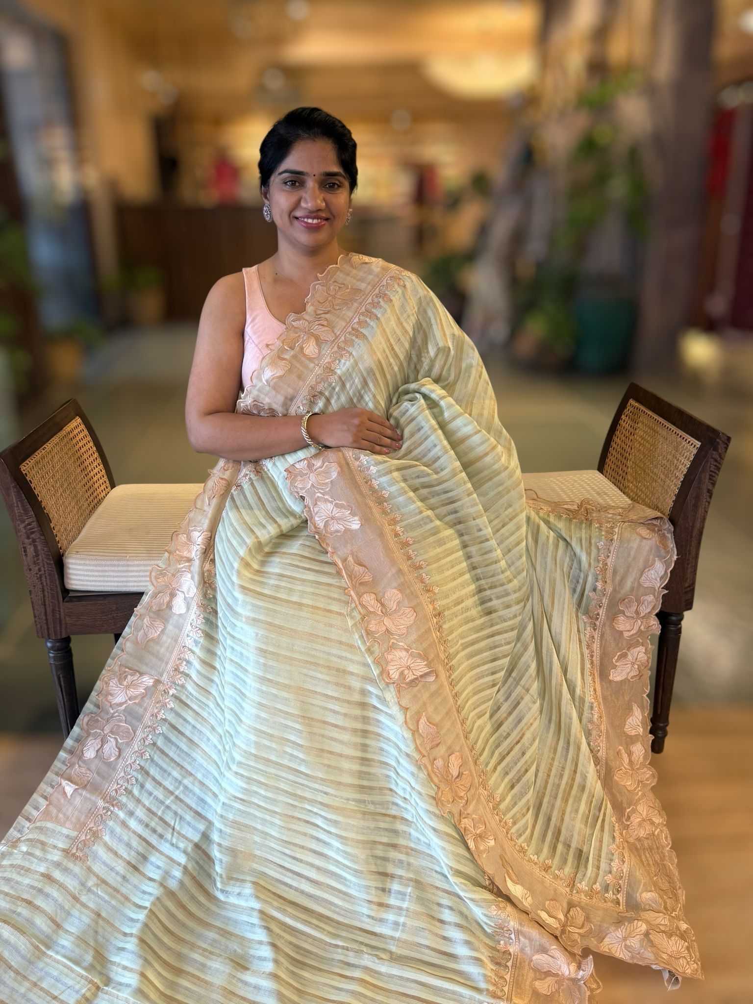 Mint Mul Tissue Stripes Saree With Tissue Cutwork  Border & Blouse