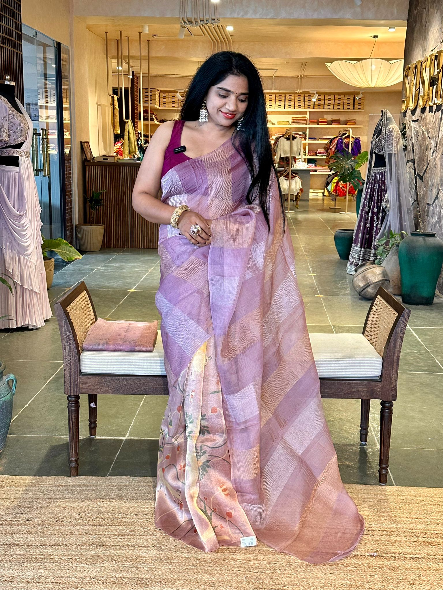Lavenderish Pink Premium Banarasi Printed Tissue Saree in half and half style