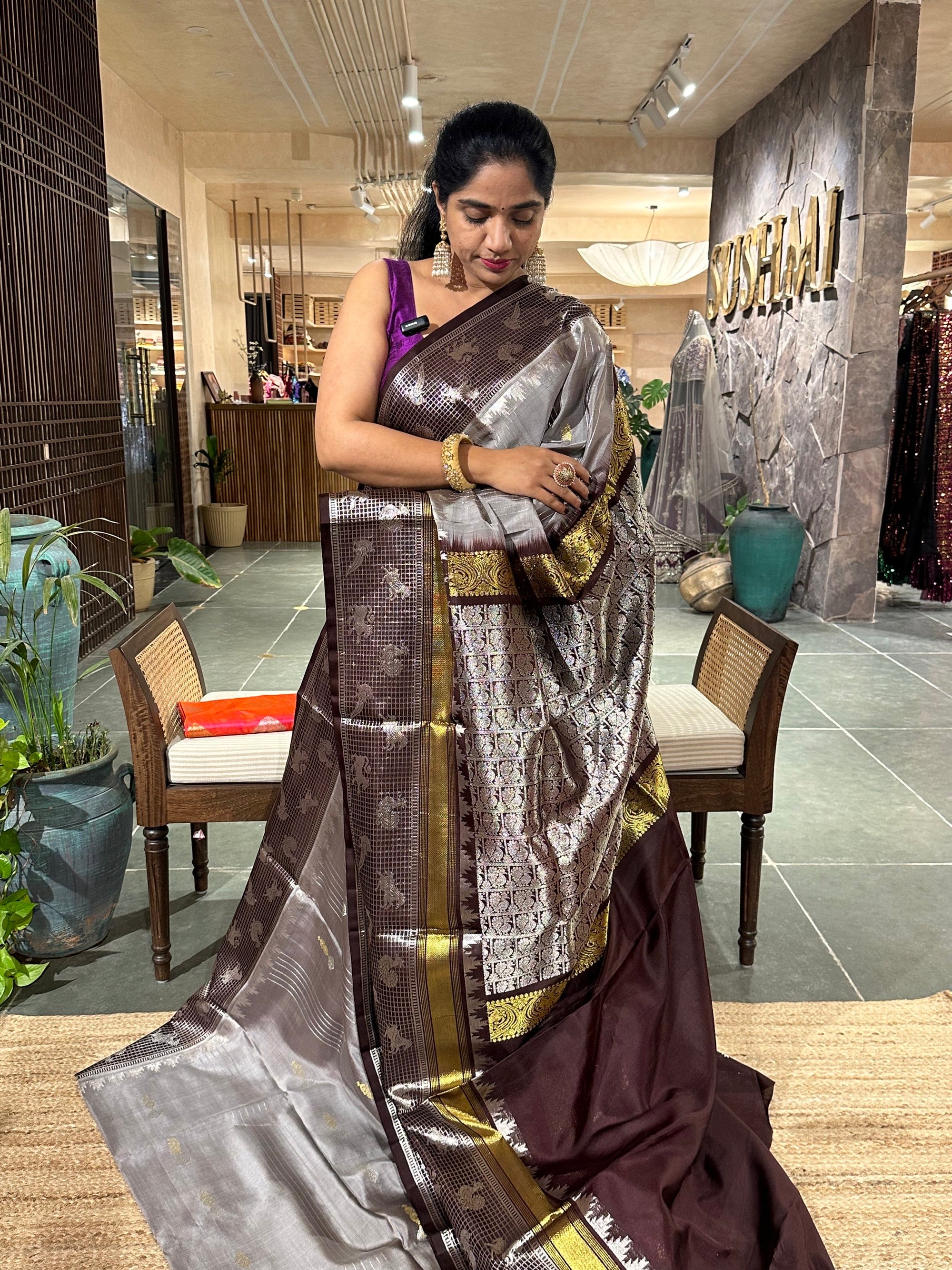 Grey and Coffee Brown Combo Venkatagiri Handloom Pure Silk Saree