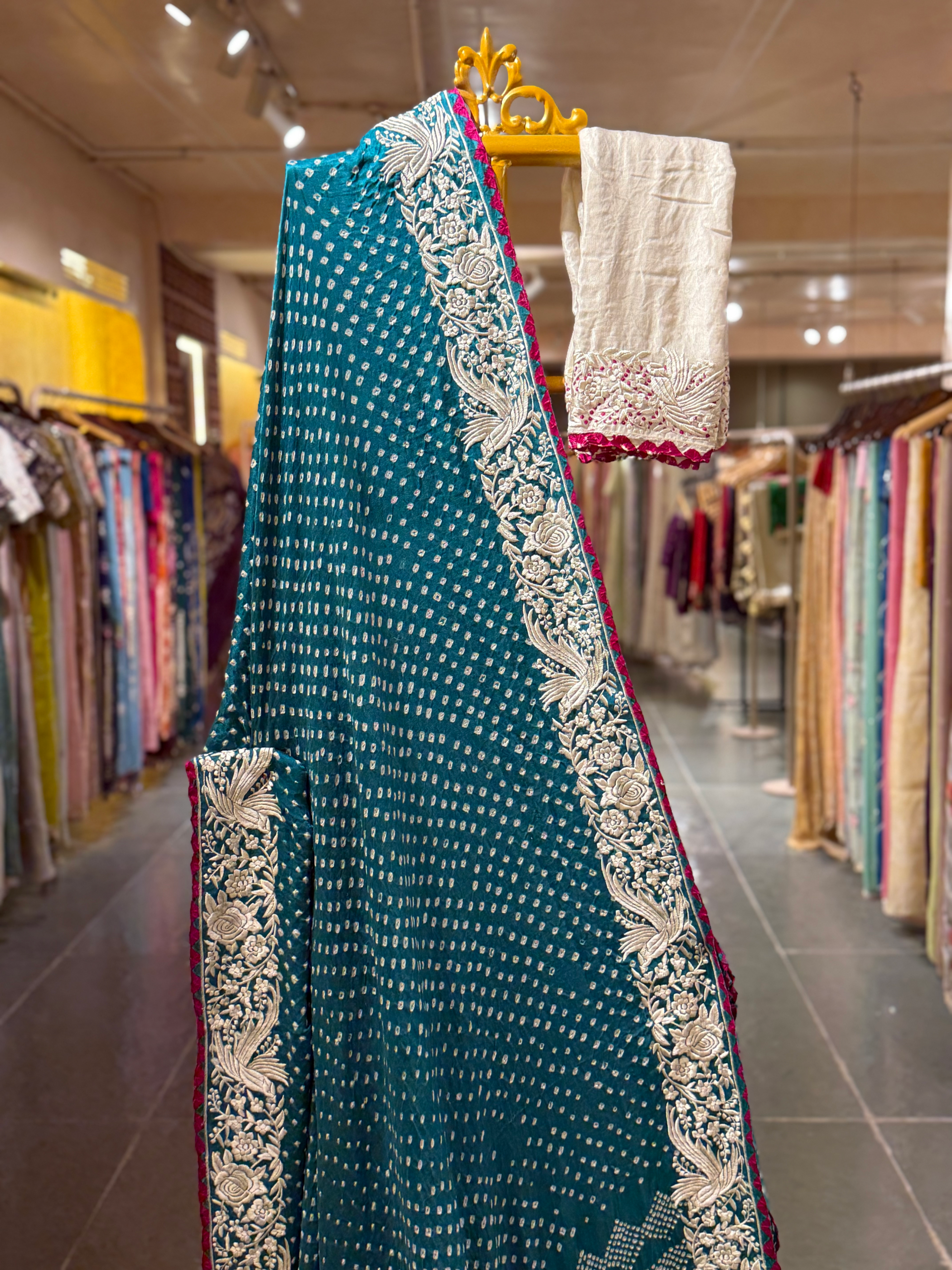 Peacock Blue Pure Gajji Silk Kutch Bandhej Saree with Parsi Gara Embroidery