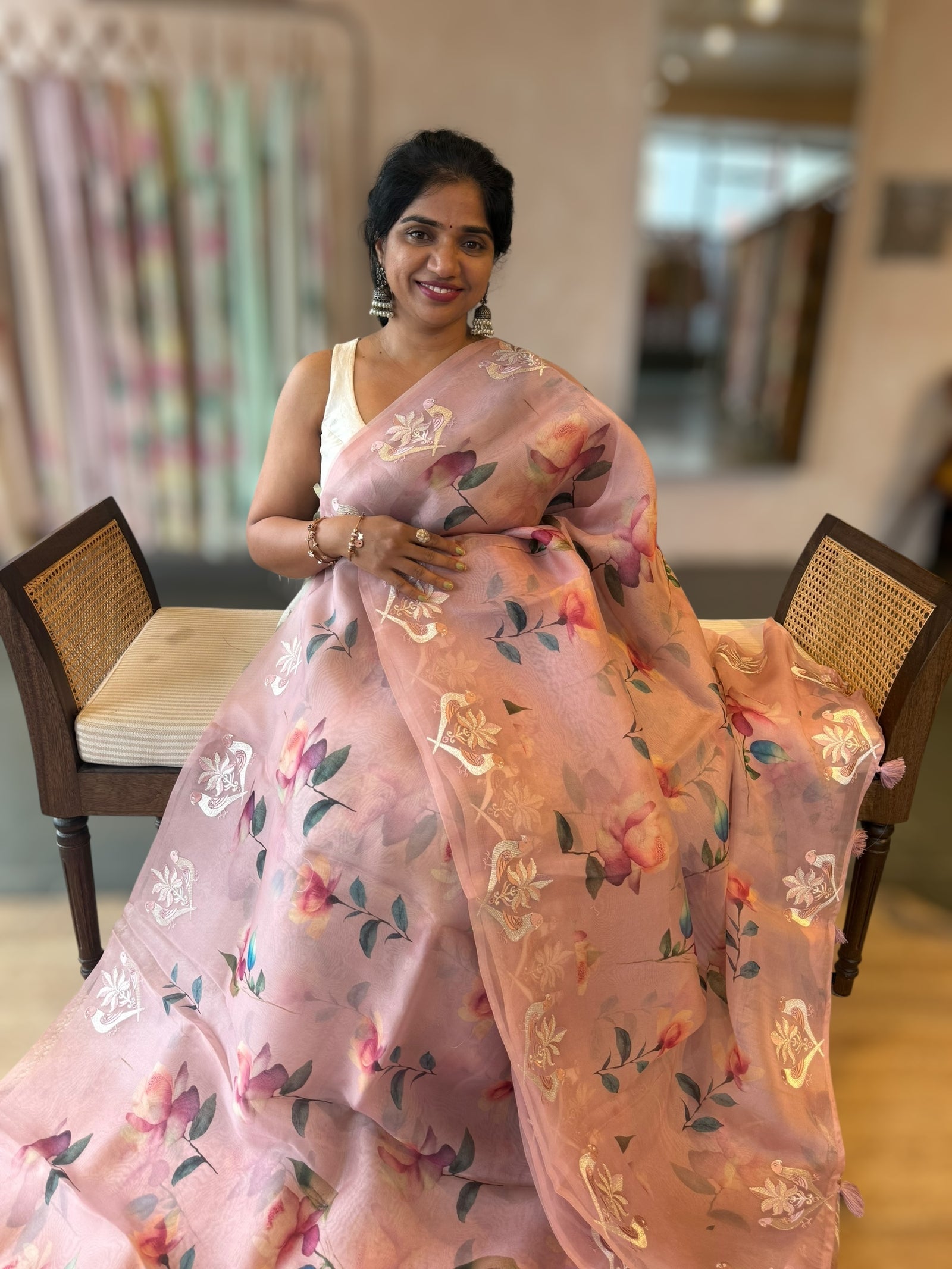 Nude PinkFloral Printed Pure Organza Saree With Birds  Embroidered Motif  Border