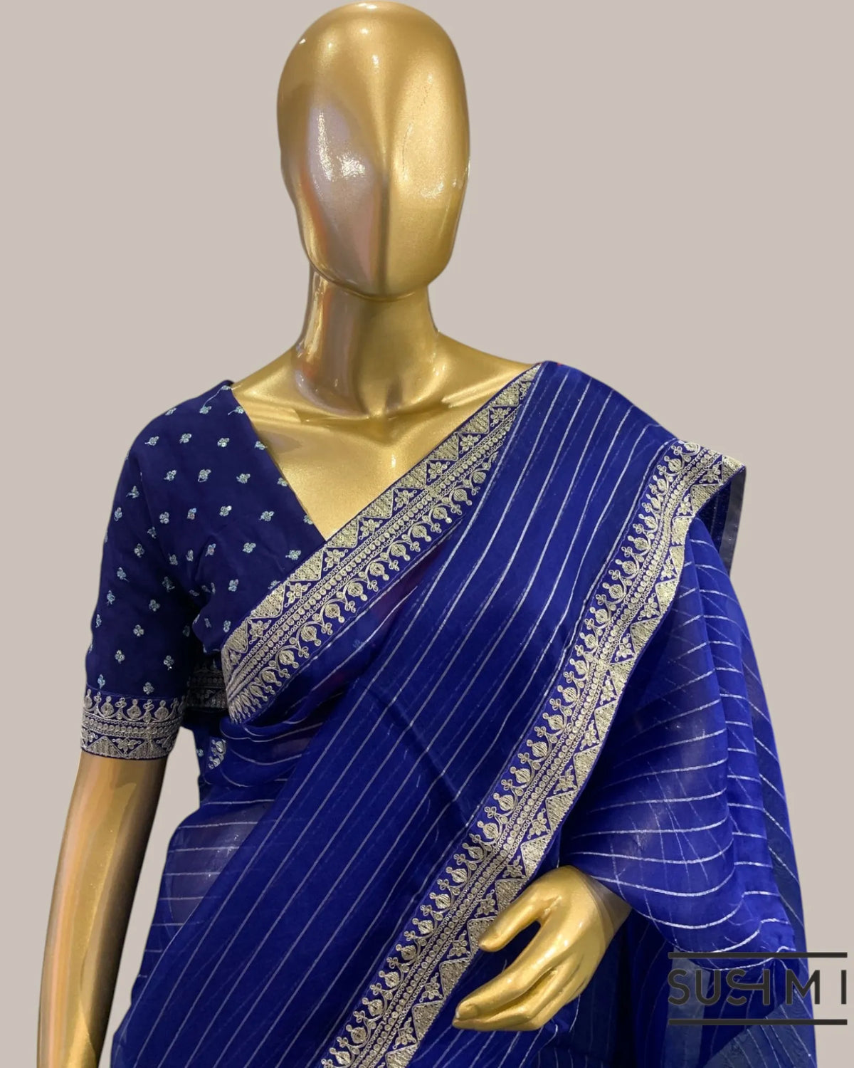 Royal Blue Organza Saree with Zari stripes Hemlined with sabhyasachi border and
