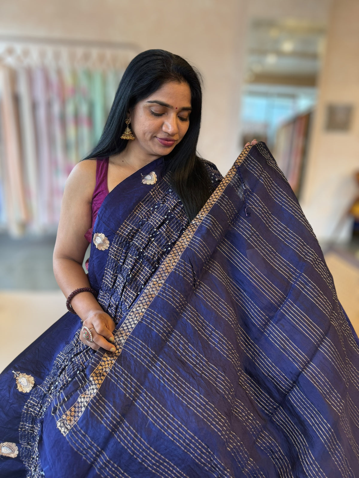 Midnight Blue Banarasi Bandhej Silk Saree With Kaduwa Woven Open Mashru Borders