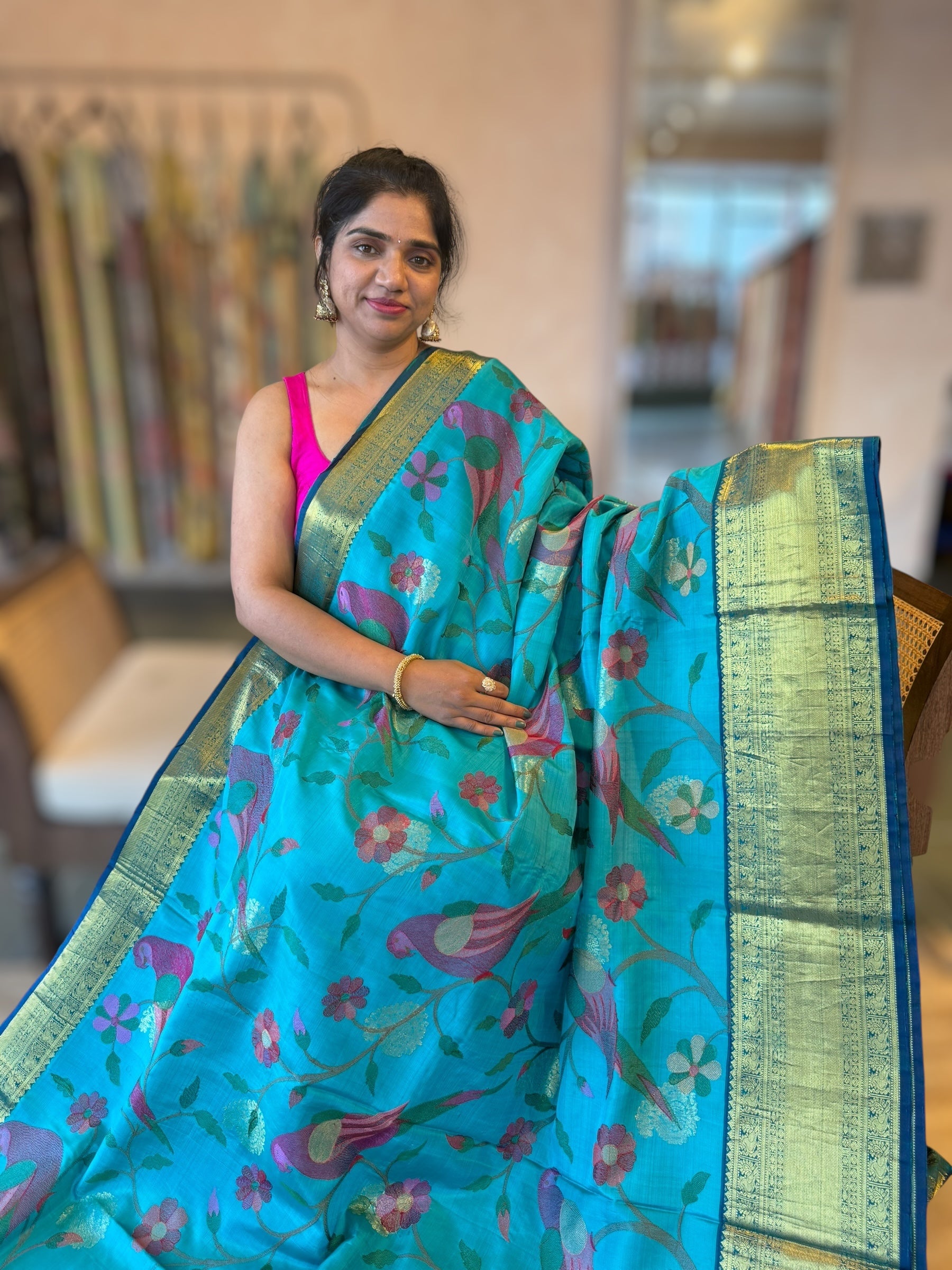 Kanjeevaram Silk Saree With Allover Pythani Inspired Parrot Embroidery