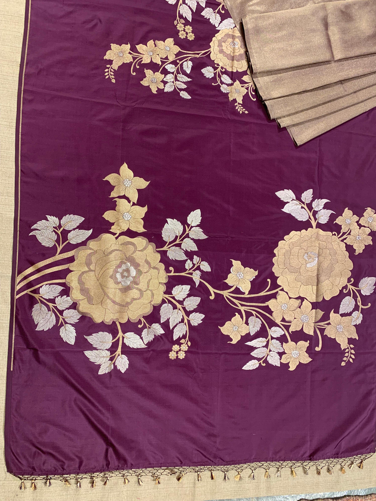 Wine and Antique Gold Designer Banarasi Silk Saree