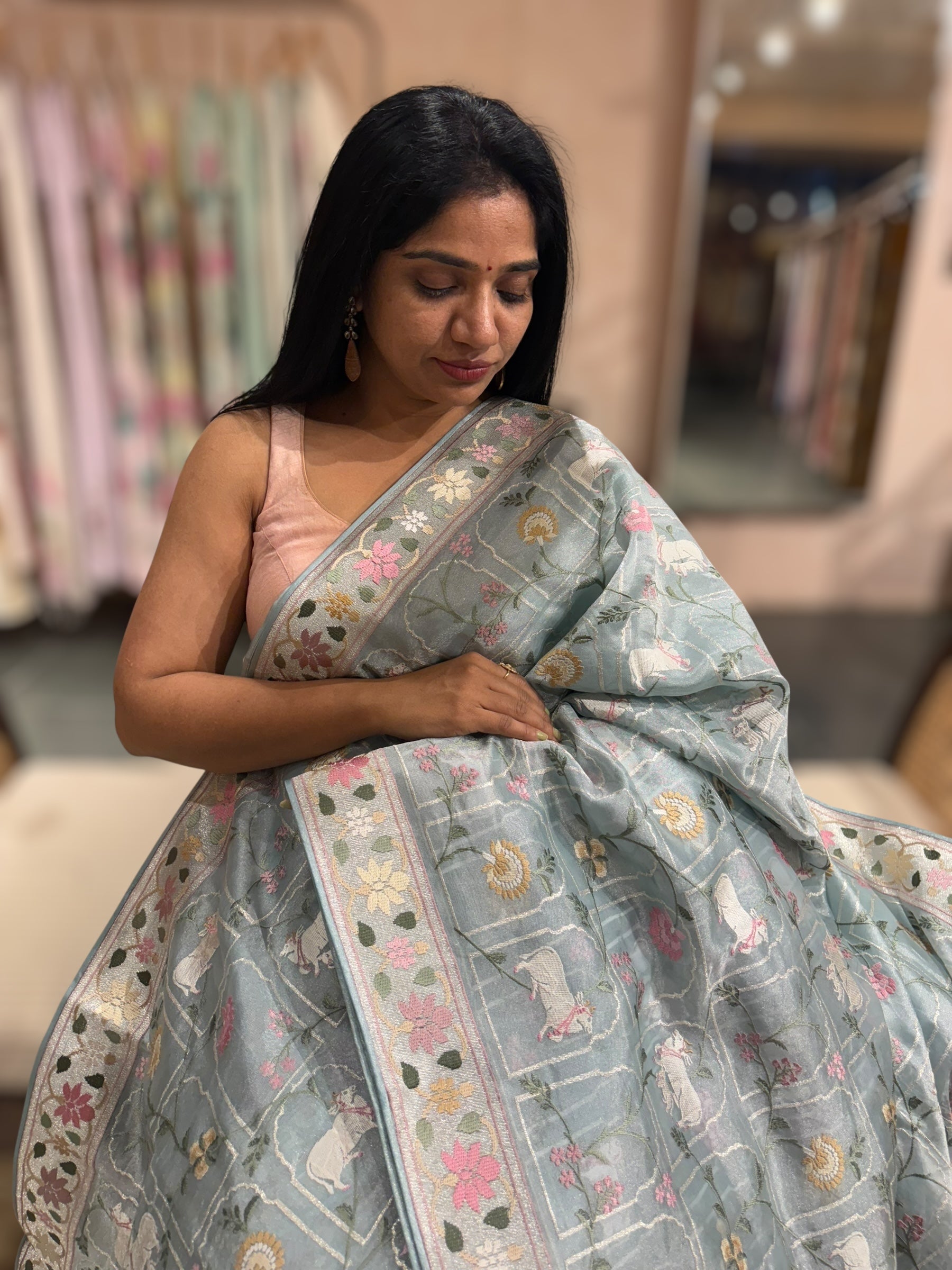 Powder Blue Pure Tissue With Jamdani Inspired Allover Pichwai  Embroidery