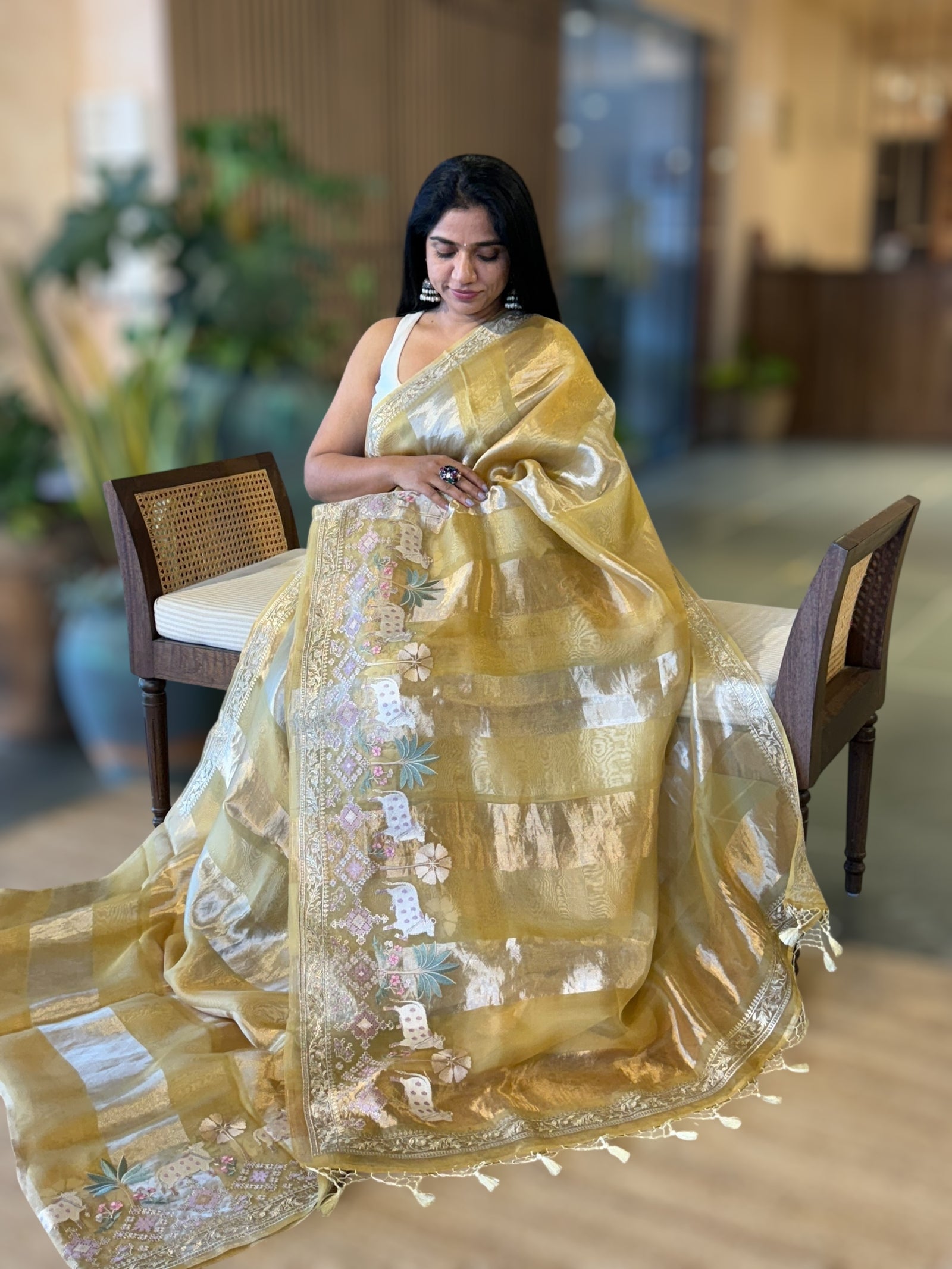 Yellowish GreenTissue Stripes Saree With Jamdani  & Pichwai embroidered Border