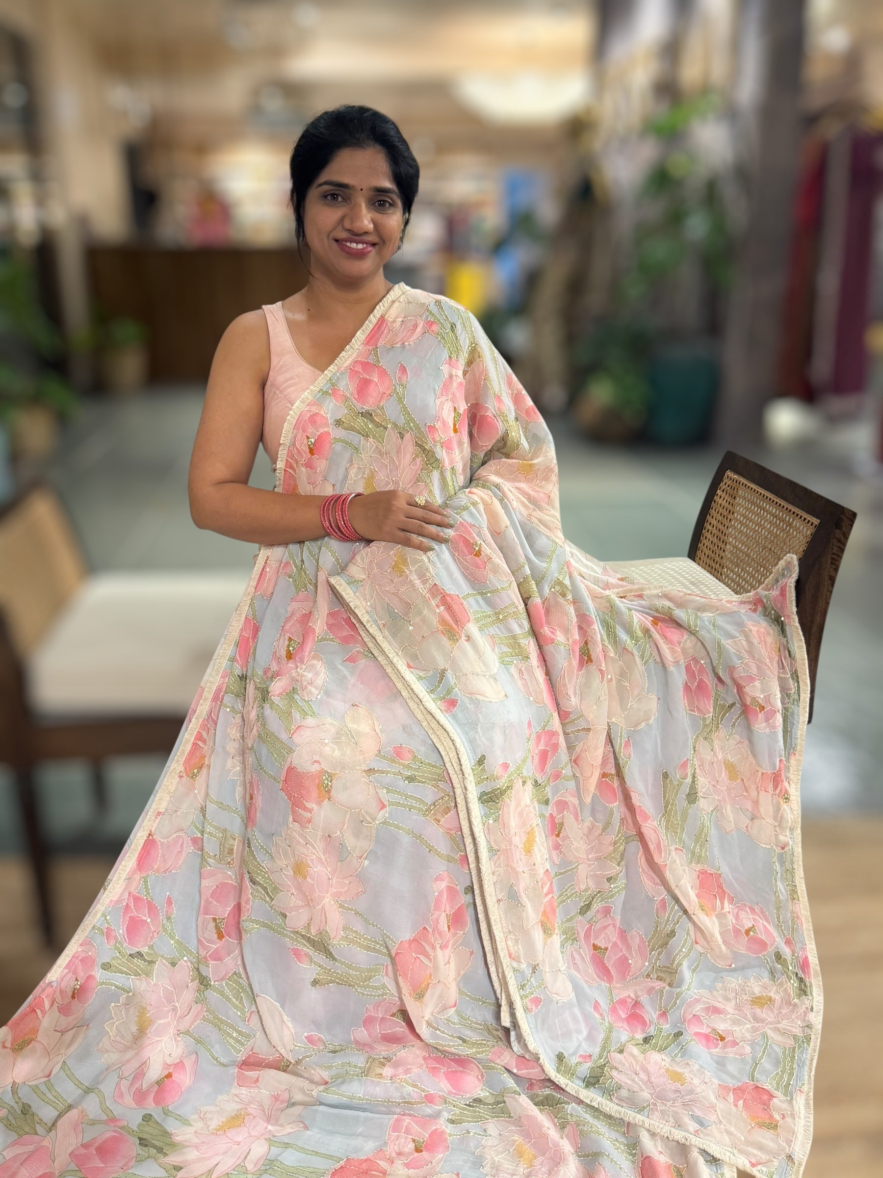 Pastel Blue Pure Gorgette Printed Saree With Allover Hand Done Katha work