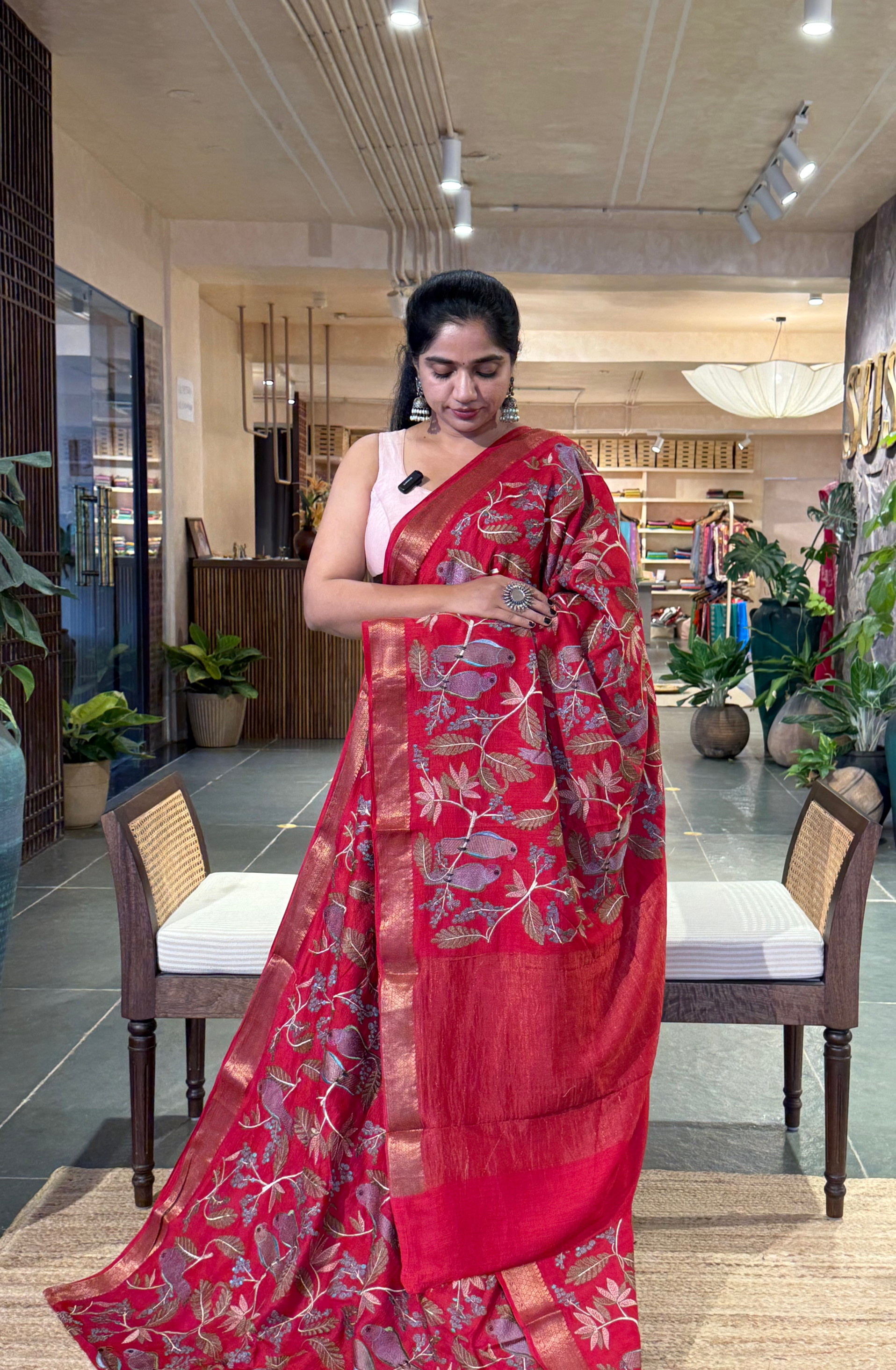 SMSEA115 Dark Red Pure Handloom Munga Silk Saree with allover  Embroidery