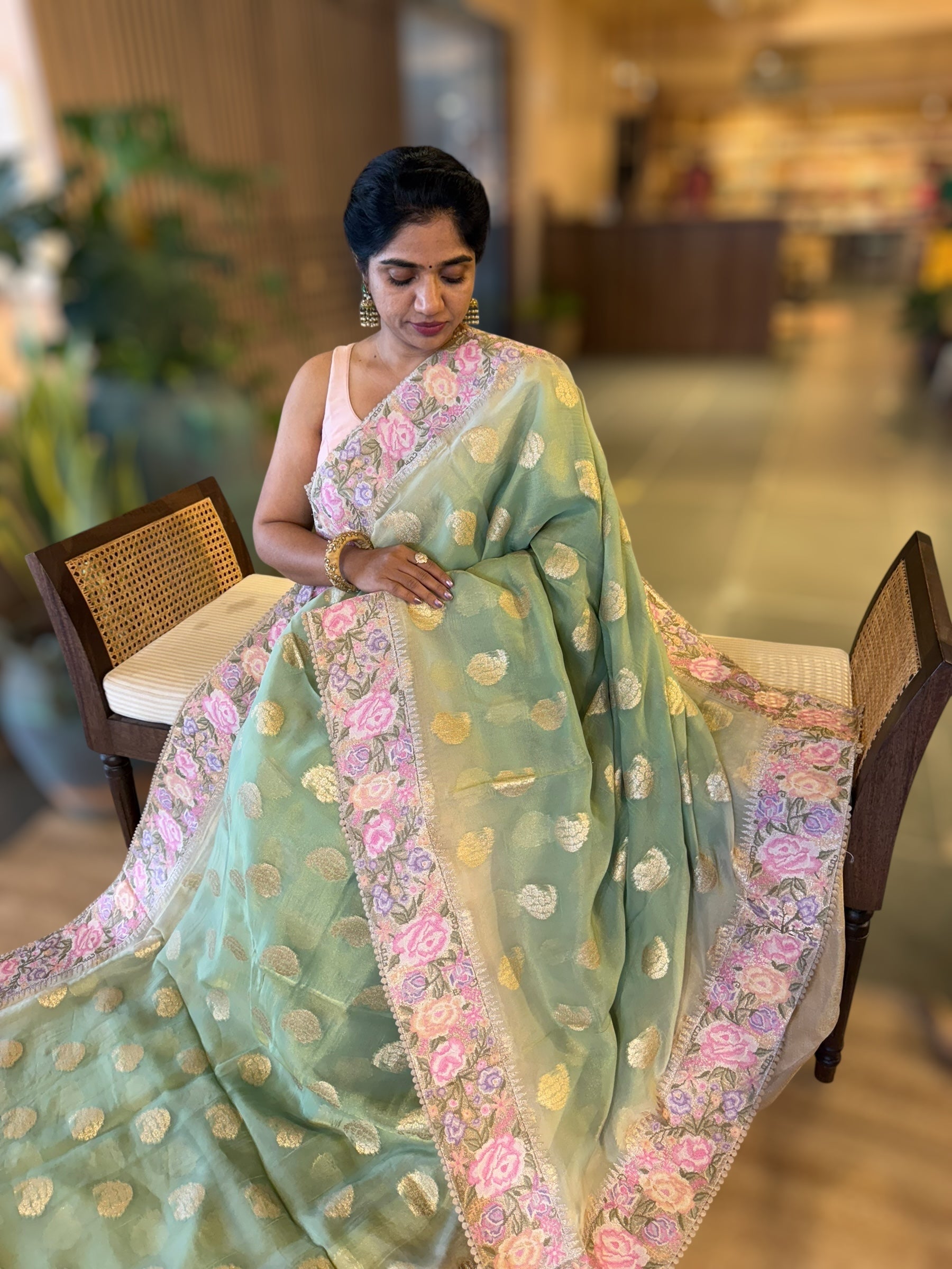 Mint Green Banarasi Tissue Gorgette Saree Wth Petite Point Border
