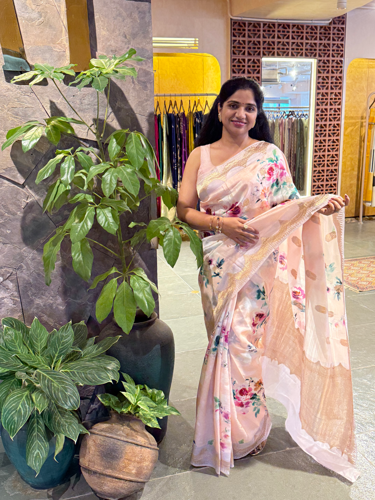 Banarasi Soft Silk Printed Saree With Scalloped Woven Zari Border