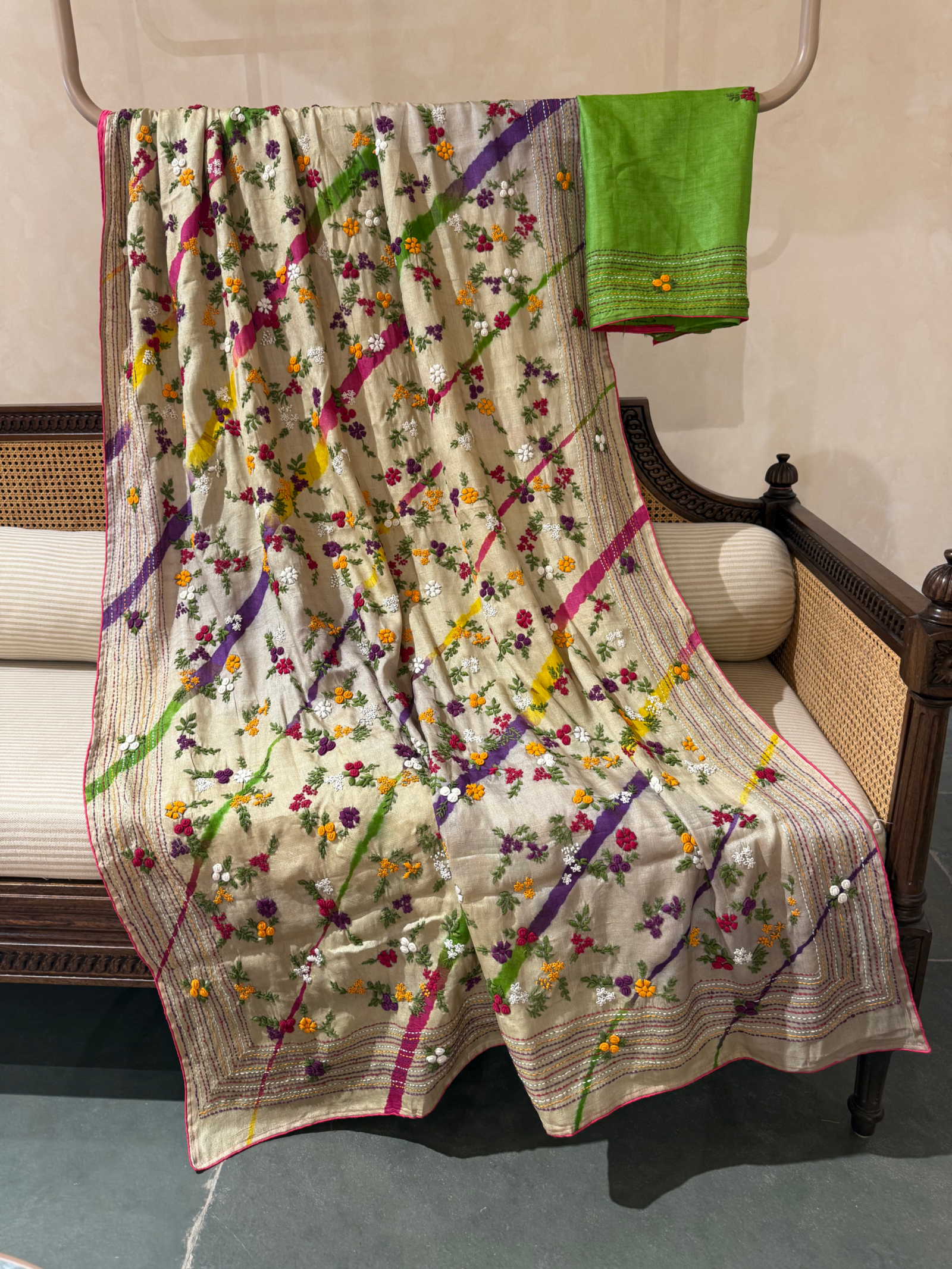 Pure Handloom Tussar with multi color  lehariya and heavy threadwork Handwork
