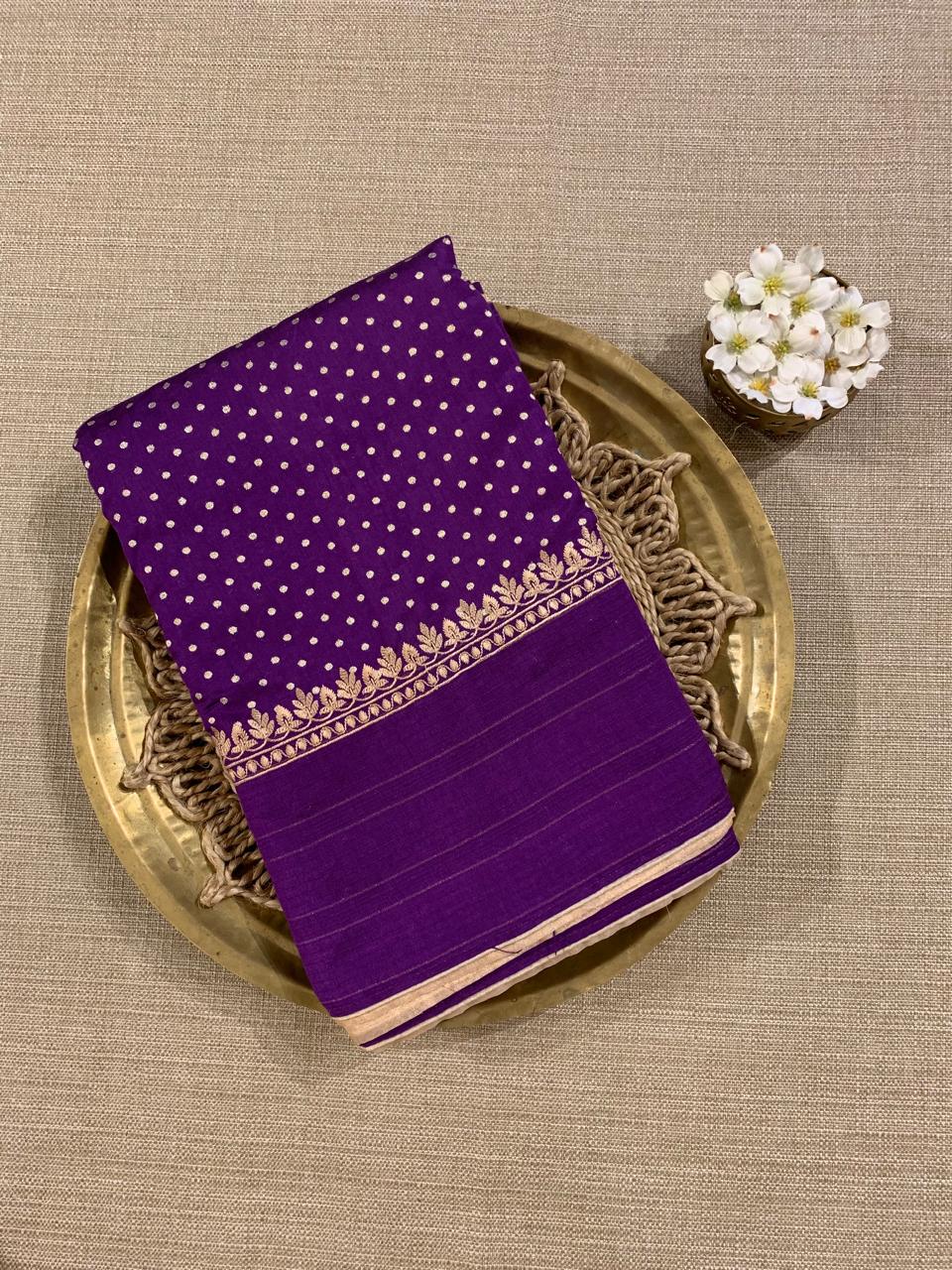 Brinjal Chiniya Silk Saree with Embroidery Border & Applique Creeper Pallu