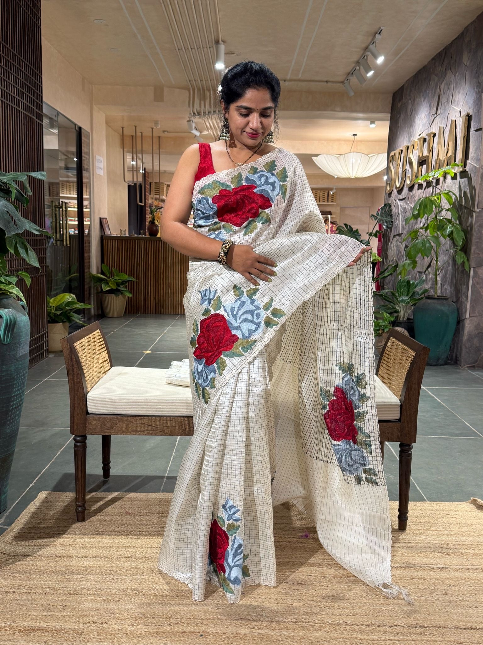 Matka Tussar Handwoven Saree with checks pattern