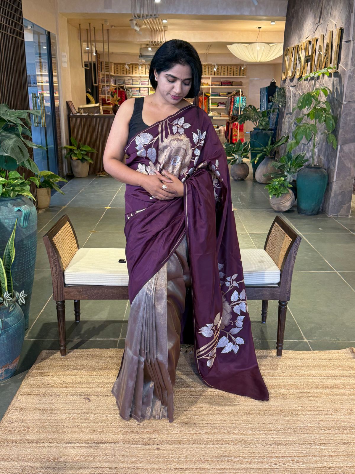Wine and Antique Gold Designer Banarasi Silk Saree