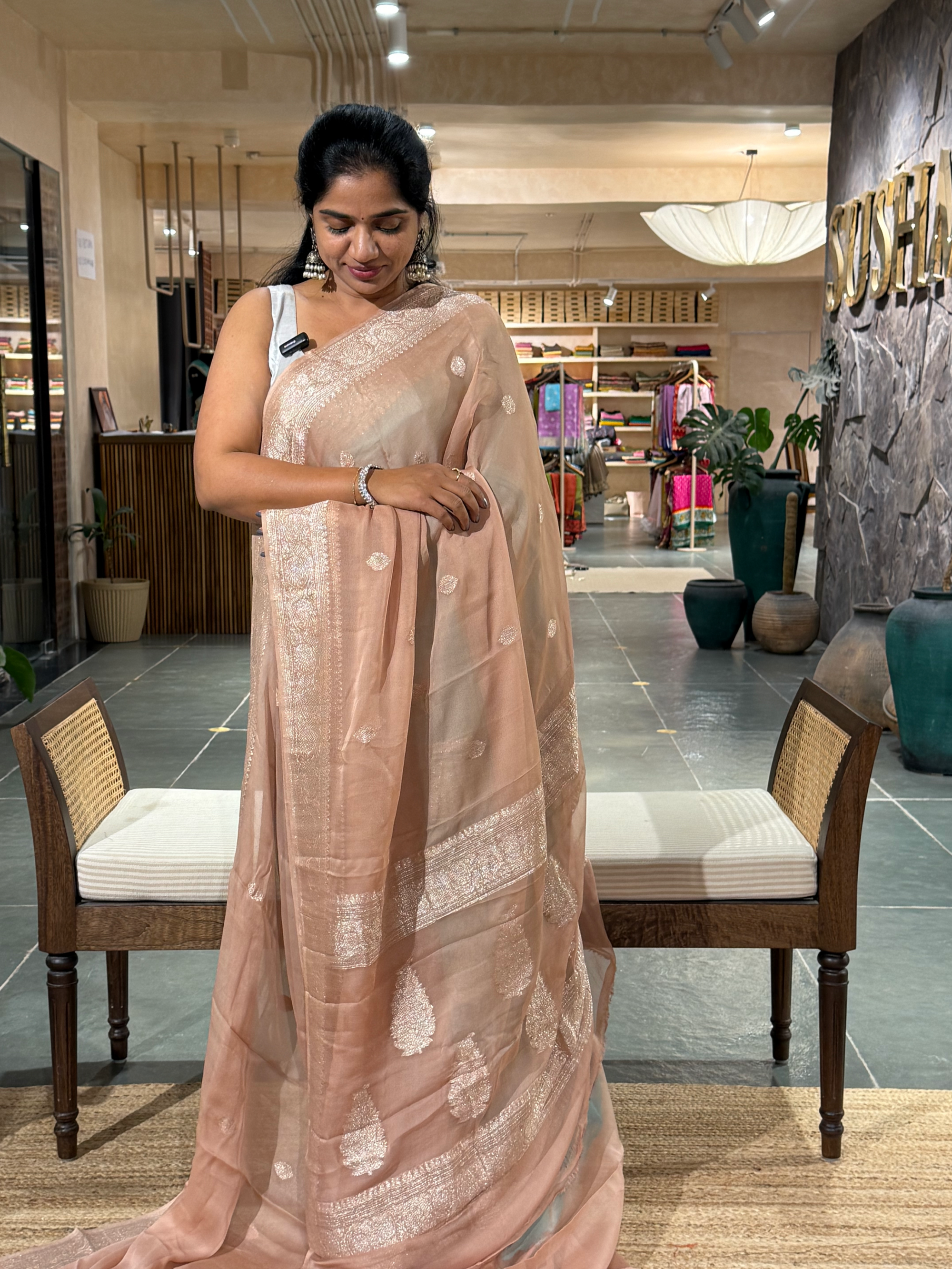 Nude Color Banarasi Handloom Khaddi Chiffon Saree with silver