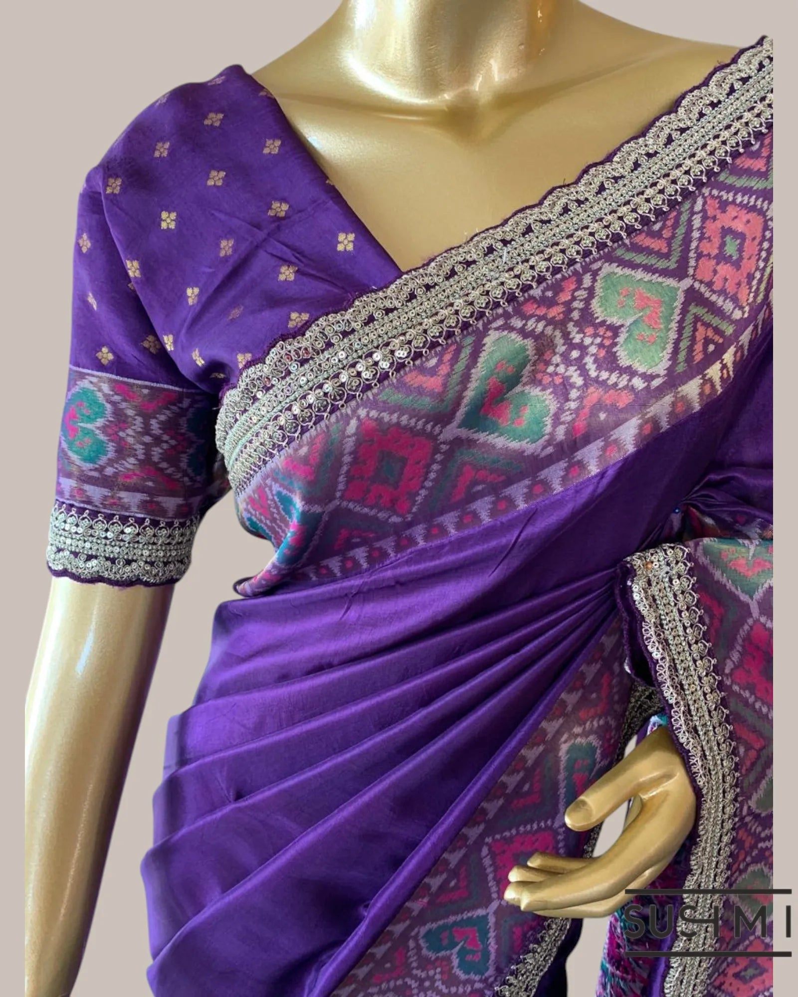 Brinjal Tussar Silk Gorgette Saree in Ikkath Patola style Chevron body and Patol