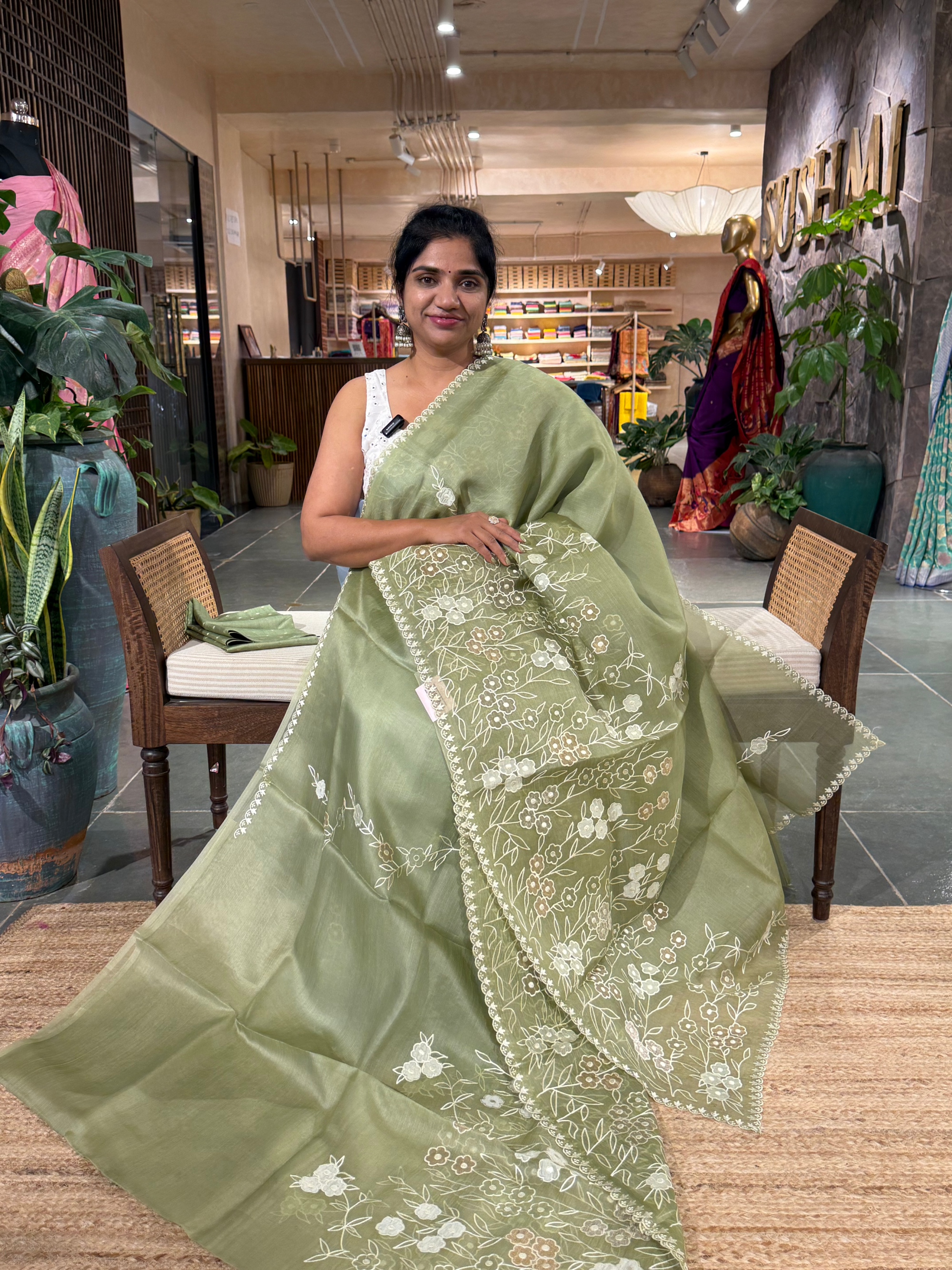 Olive Organza Applique work Saree