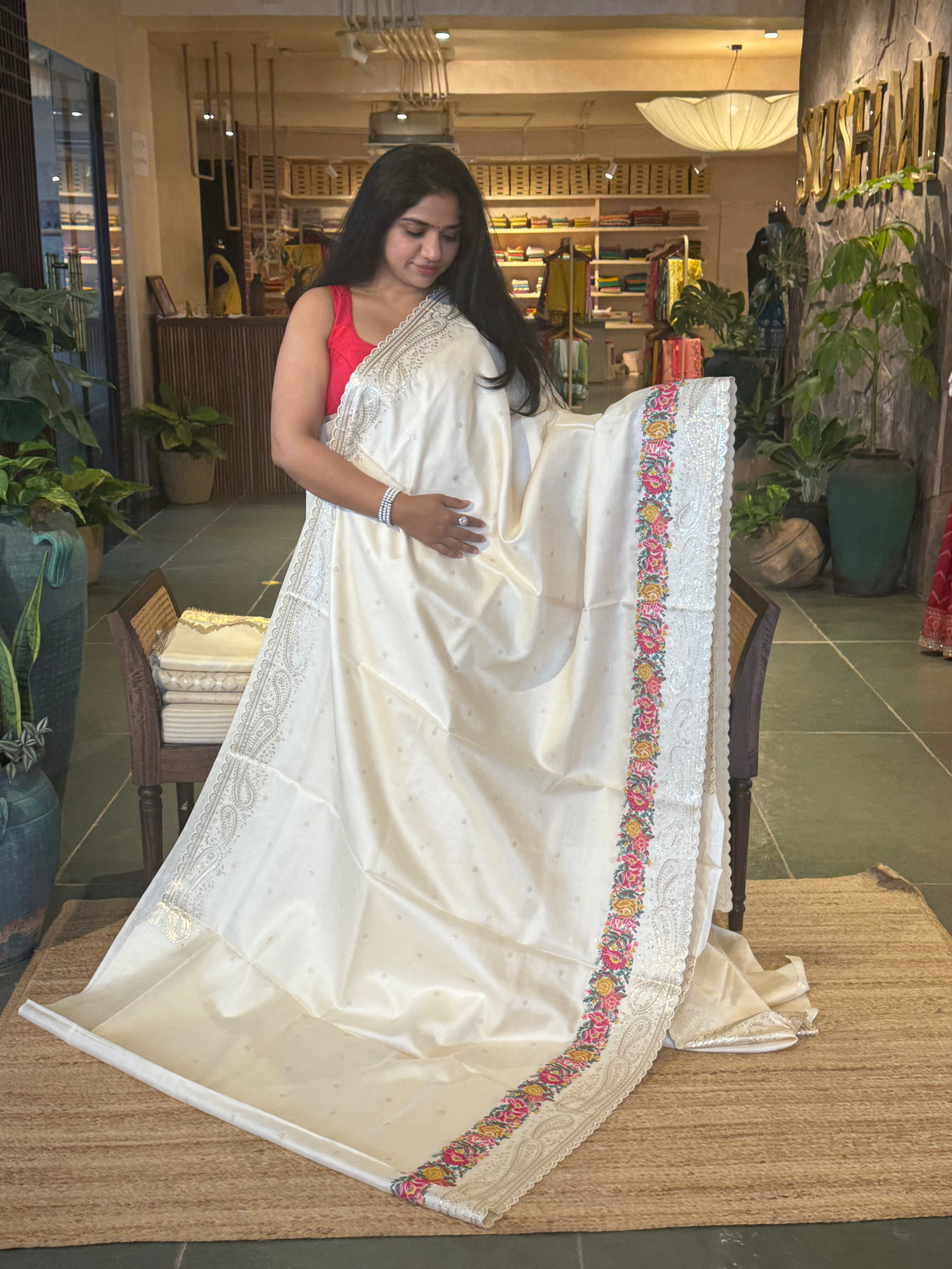 Pure Silk Saree with Paisley sequnece  and petite point embroidery borders