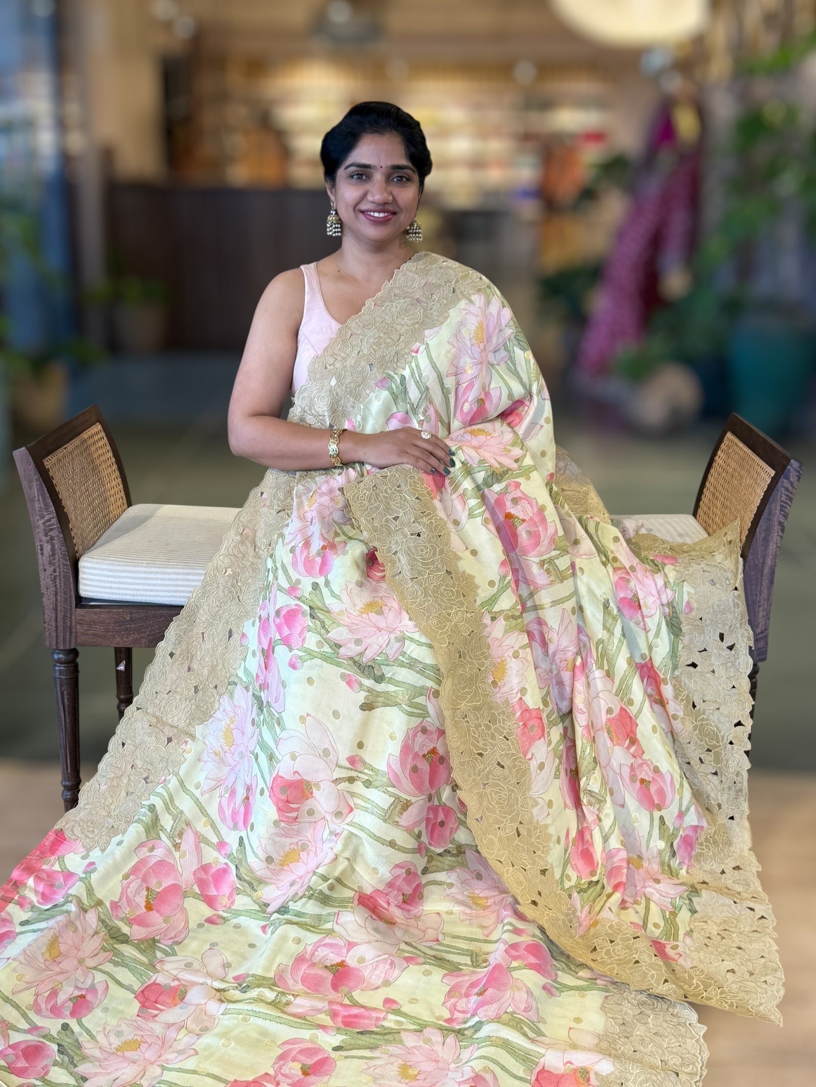 Lemon Banarasi Printed Tussar Khaddi Gorgette With Tissue cutwork Rose Border