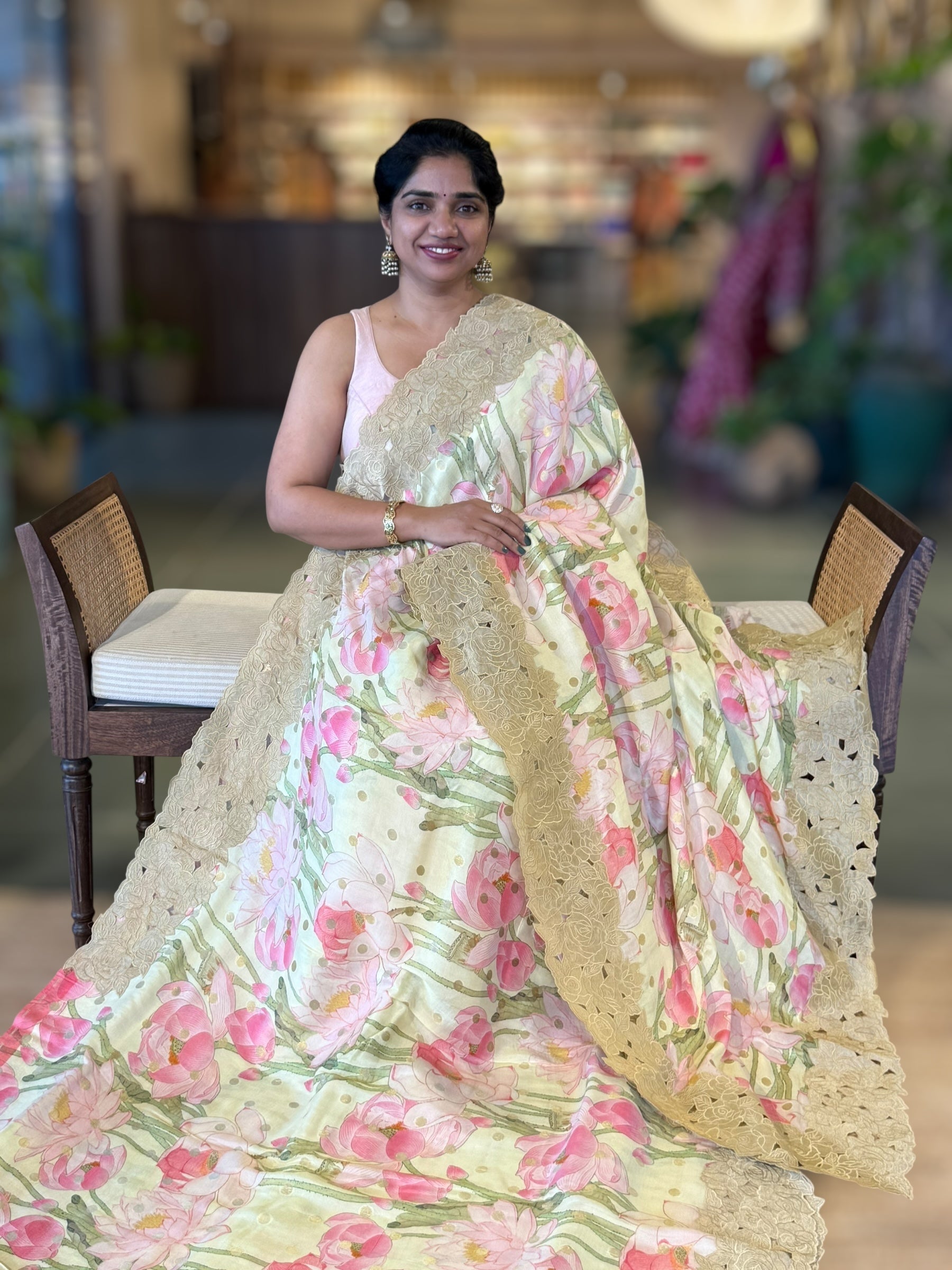 Lemon Banarasi Printed Tussar Khaddi Gorgette With Tissue cutwork Rose Border