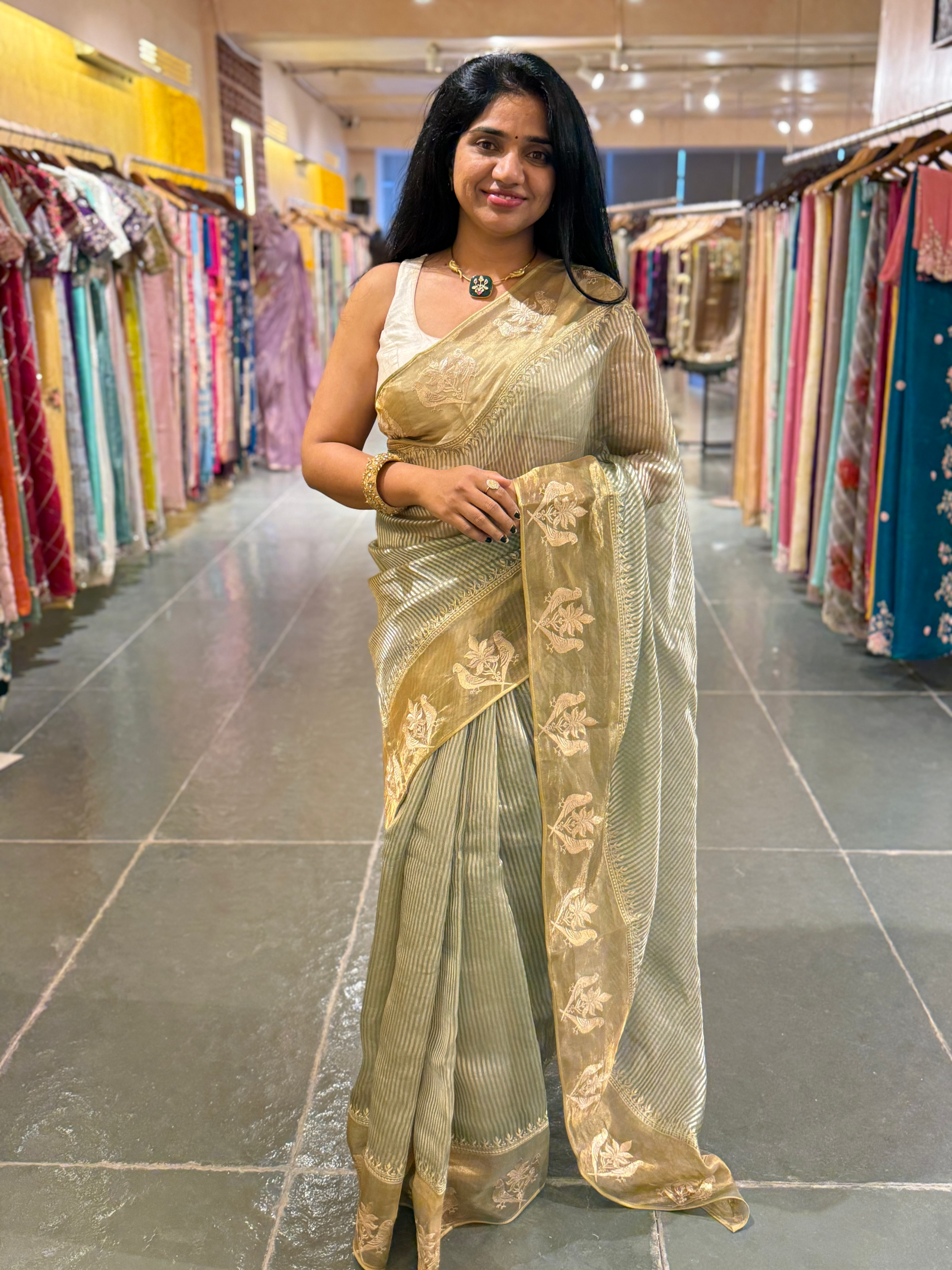 Sage Green Kora Tissue Silver Zari stripes saree wth tissue Embroidered Border