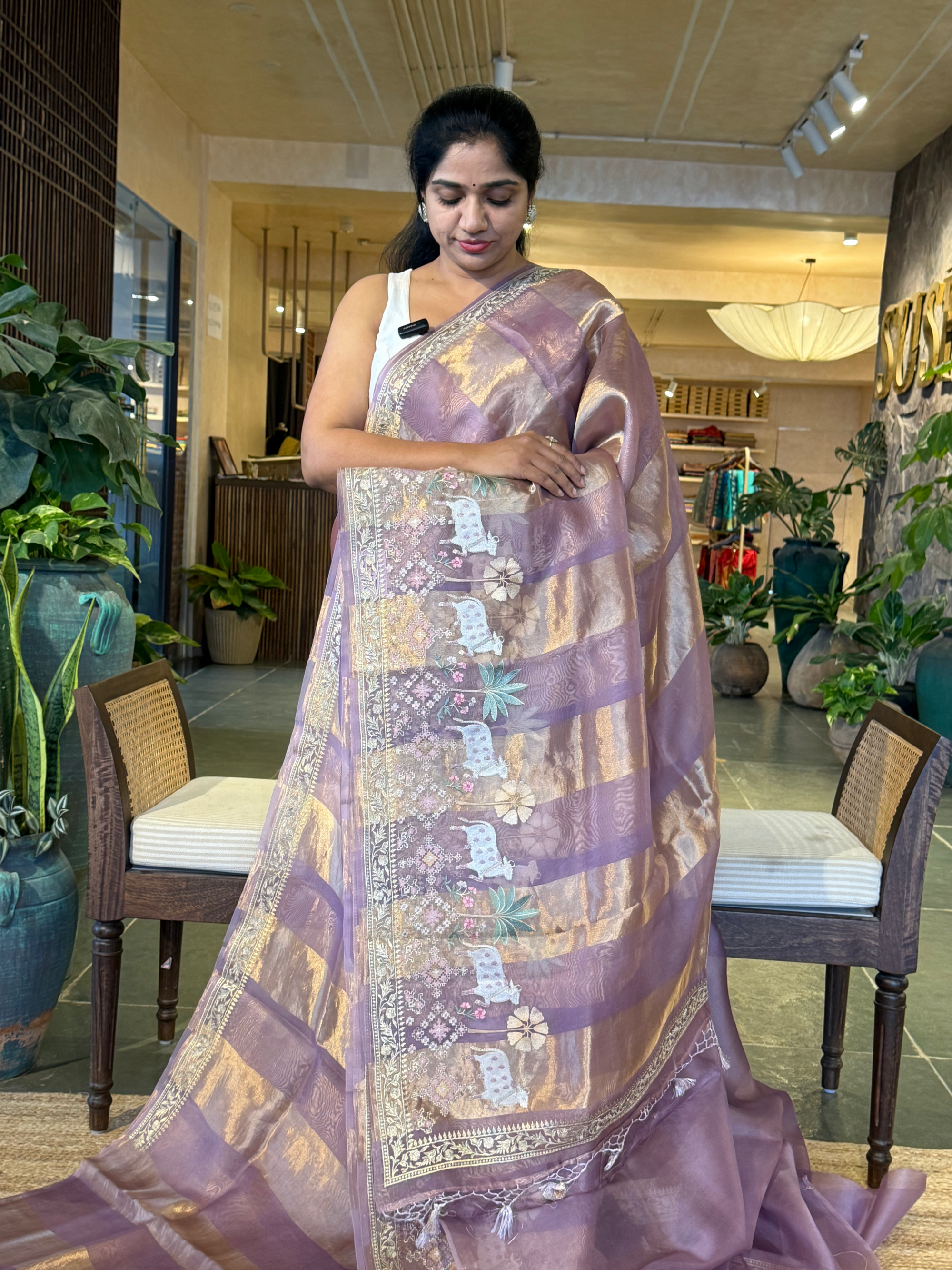 Dusty Lavender Kora Tissue Stripes with Pichwai & Jamdani Inspired Embroidery