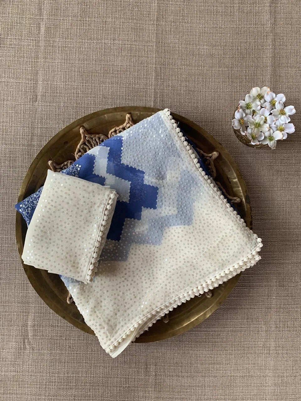Blue Pure Gorgette Saree With Zigzag Pattern Sequnce Border
