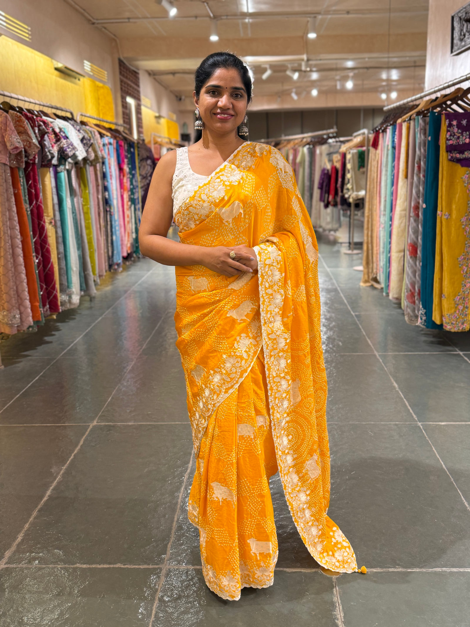 Marigold Pure Gajji Silk Rai Bandhej Saree with Pichwai Embroidery