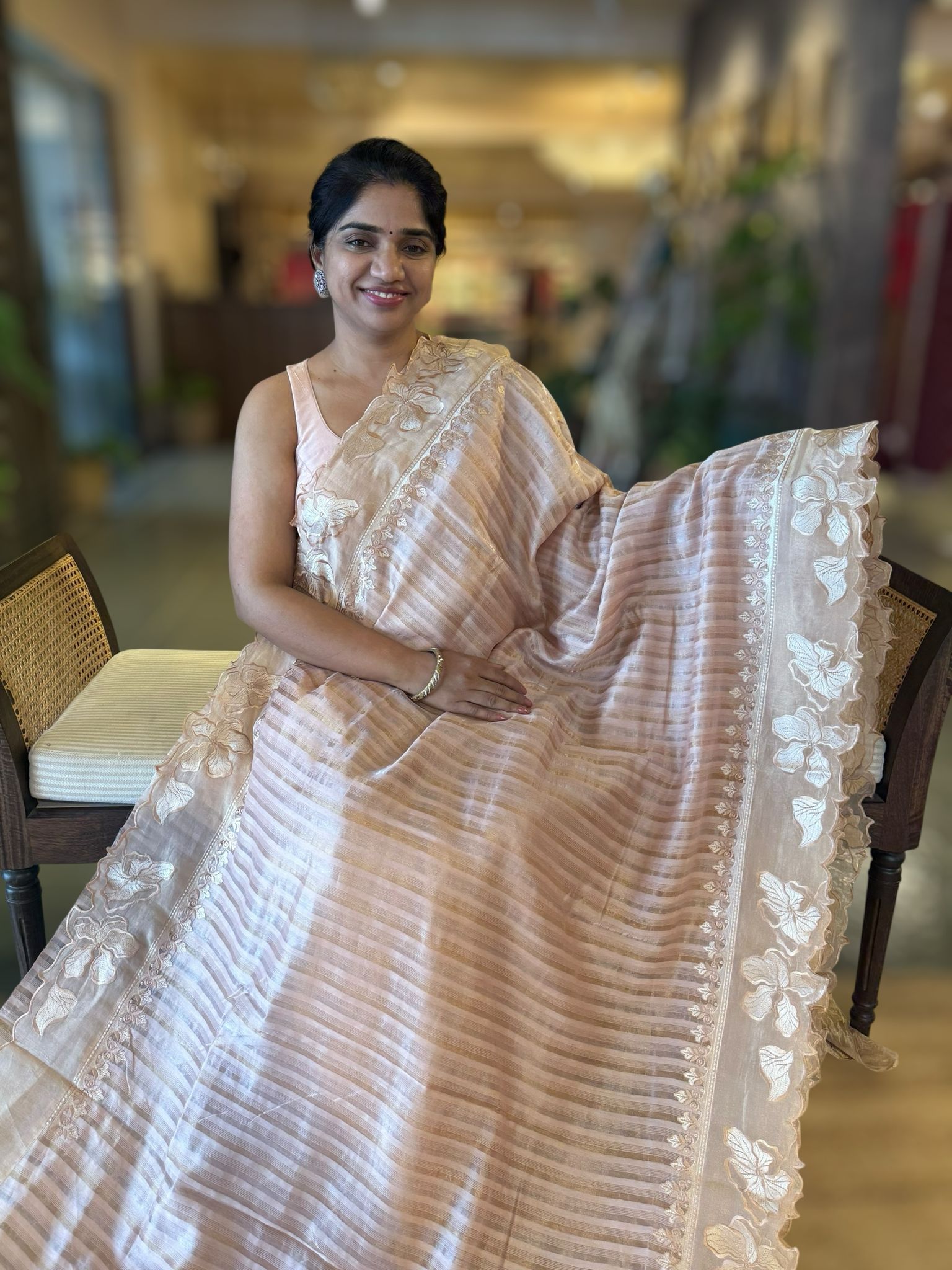 Nude pink Mul Tissue Stripes Saree With Tissue Cutwork  Border & Blouse