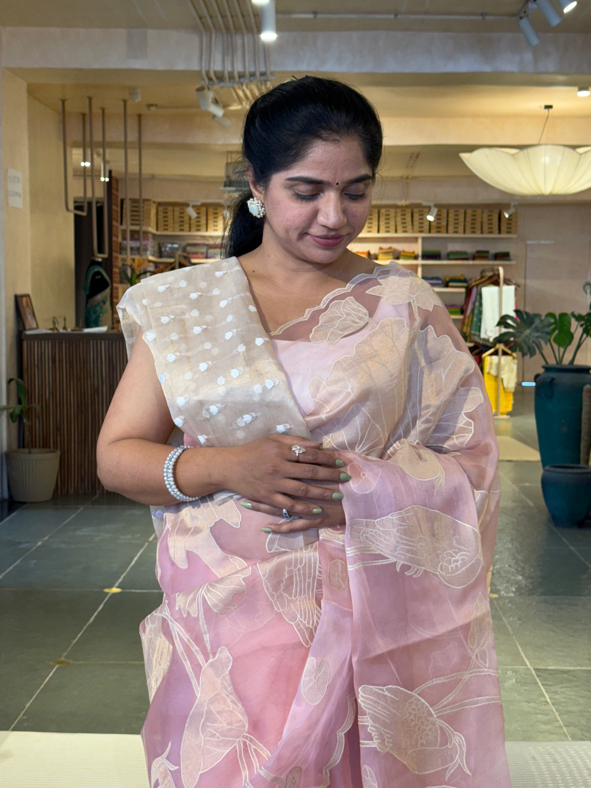 Blush Pink Pure Organza Designer Saree with Allover Tissue Applique Embroidery