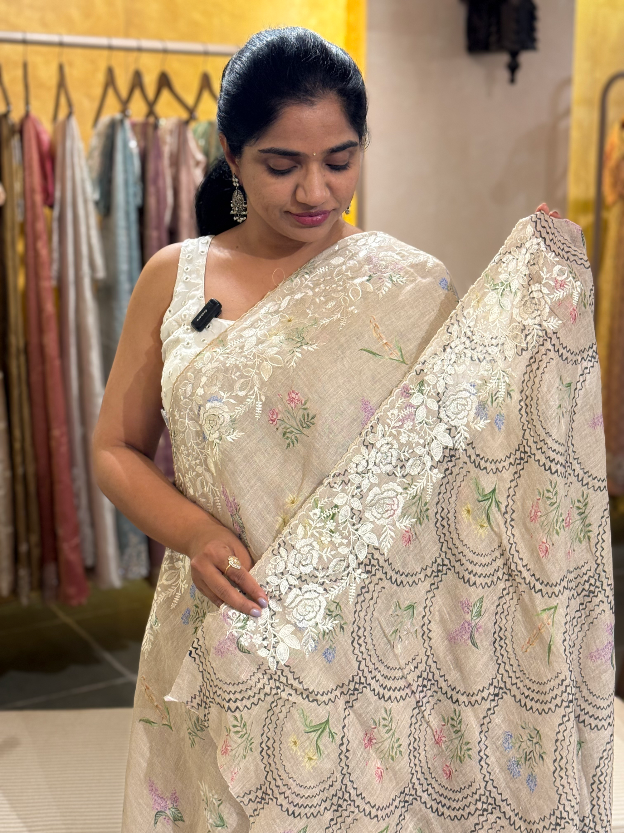 English Tone Pure Handloom Lenin Print Saree With  Parsi Gara Style Embroidery