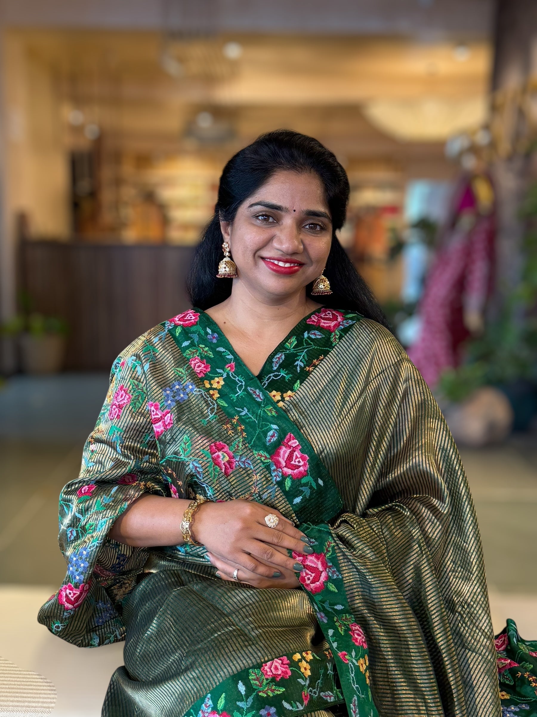 BottleGreen Tissue Stripes Saree wth Petite Point Embroidered Border Pallu & BP
