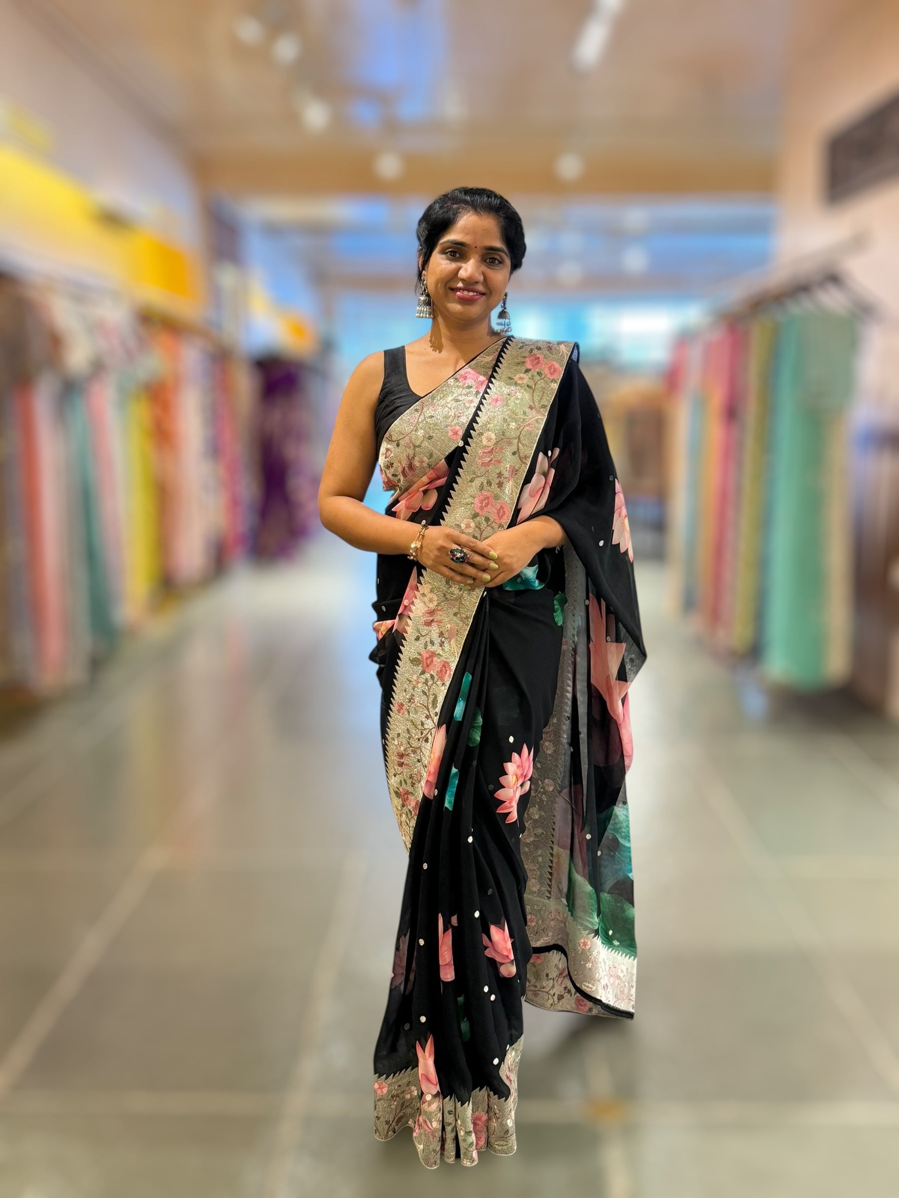 Black Printed Gorgette Saree With Tissue Embroider Border