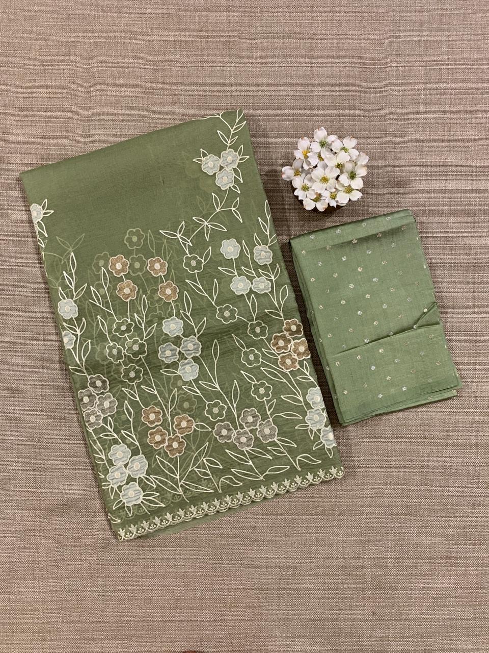 Olive Organza Applique work Saree