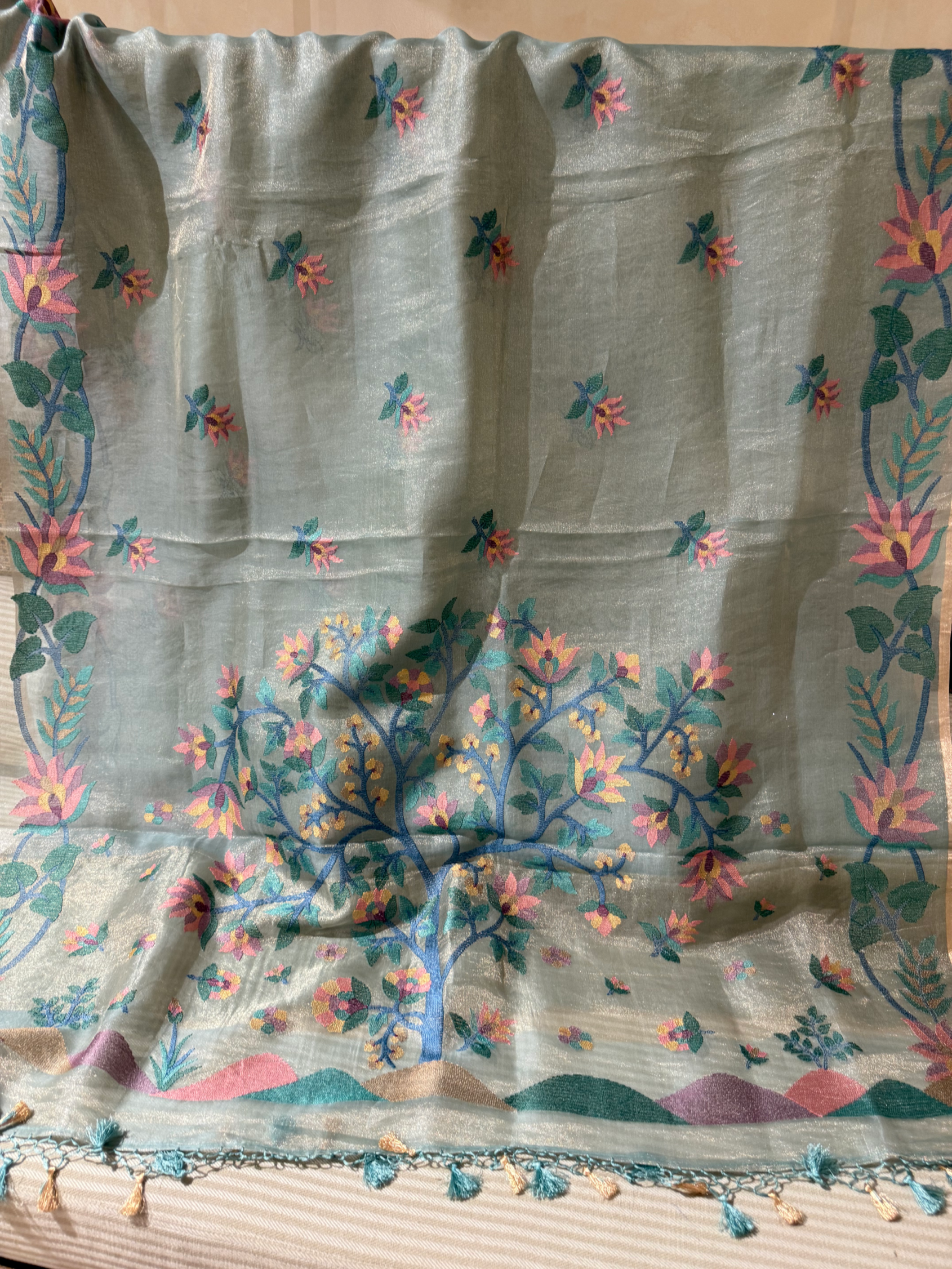 STJA209 :  Light Sea Blue Tissue With Jamdani Look Embroidery