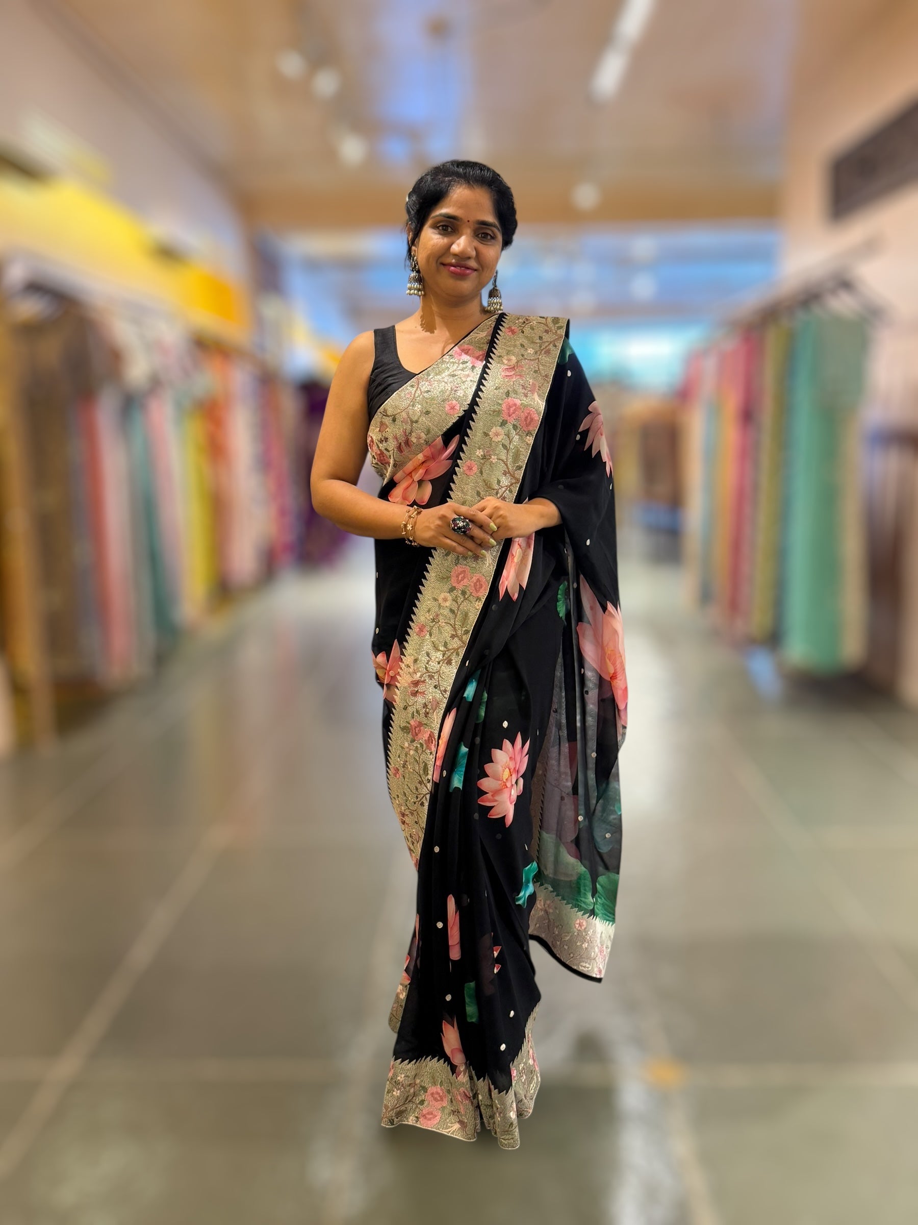 Black Printed Gorgette Saree With Tissue Embroider Border